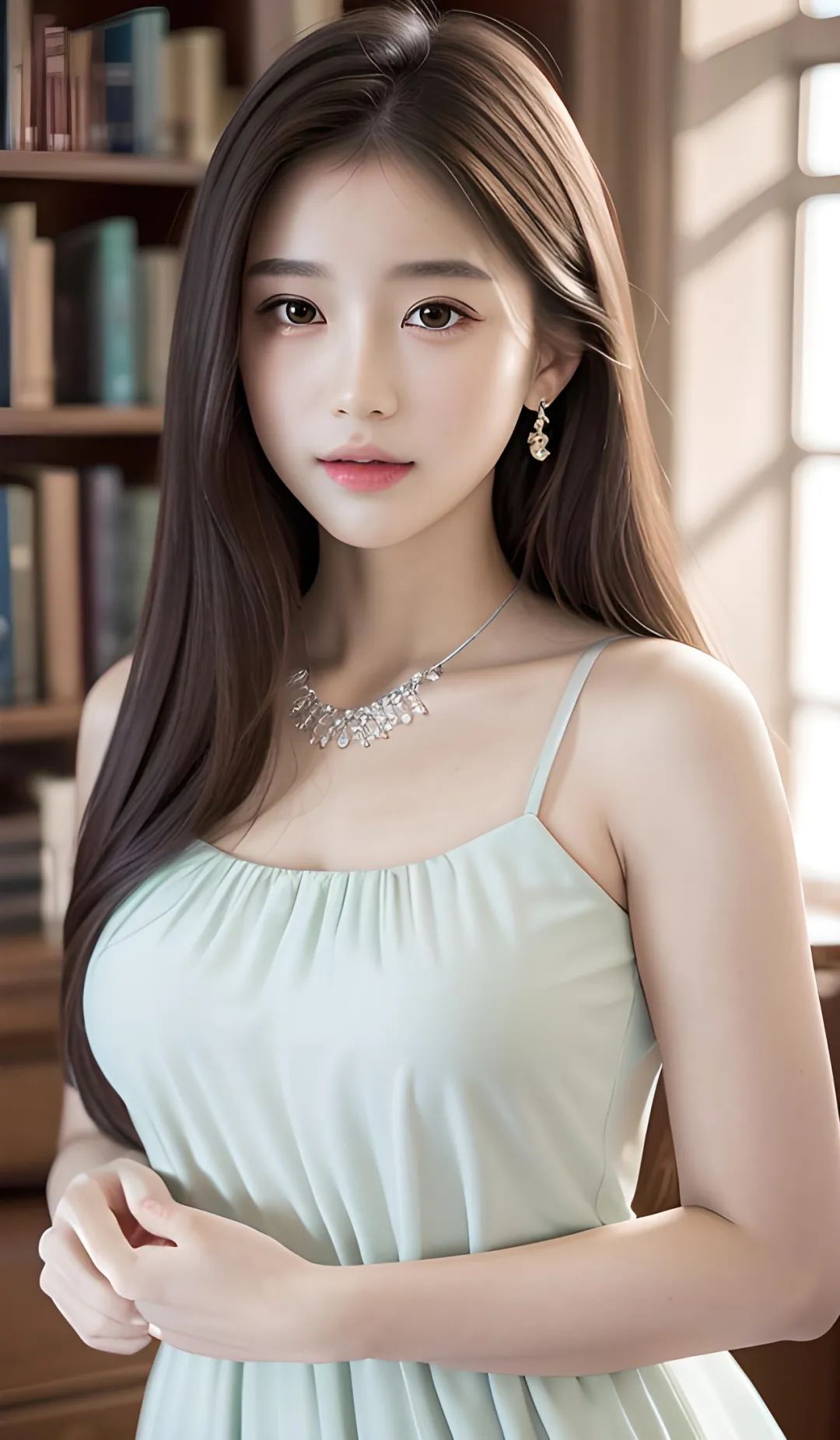 丰满美丽校花美女：浅绿色雪纺碎花连衣裙 - 炫图天下
