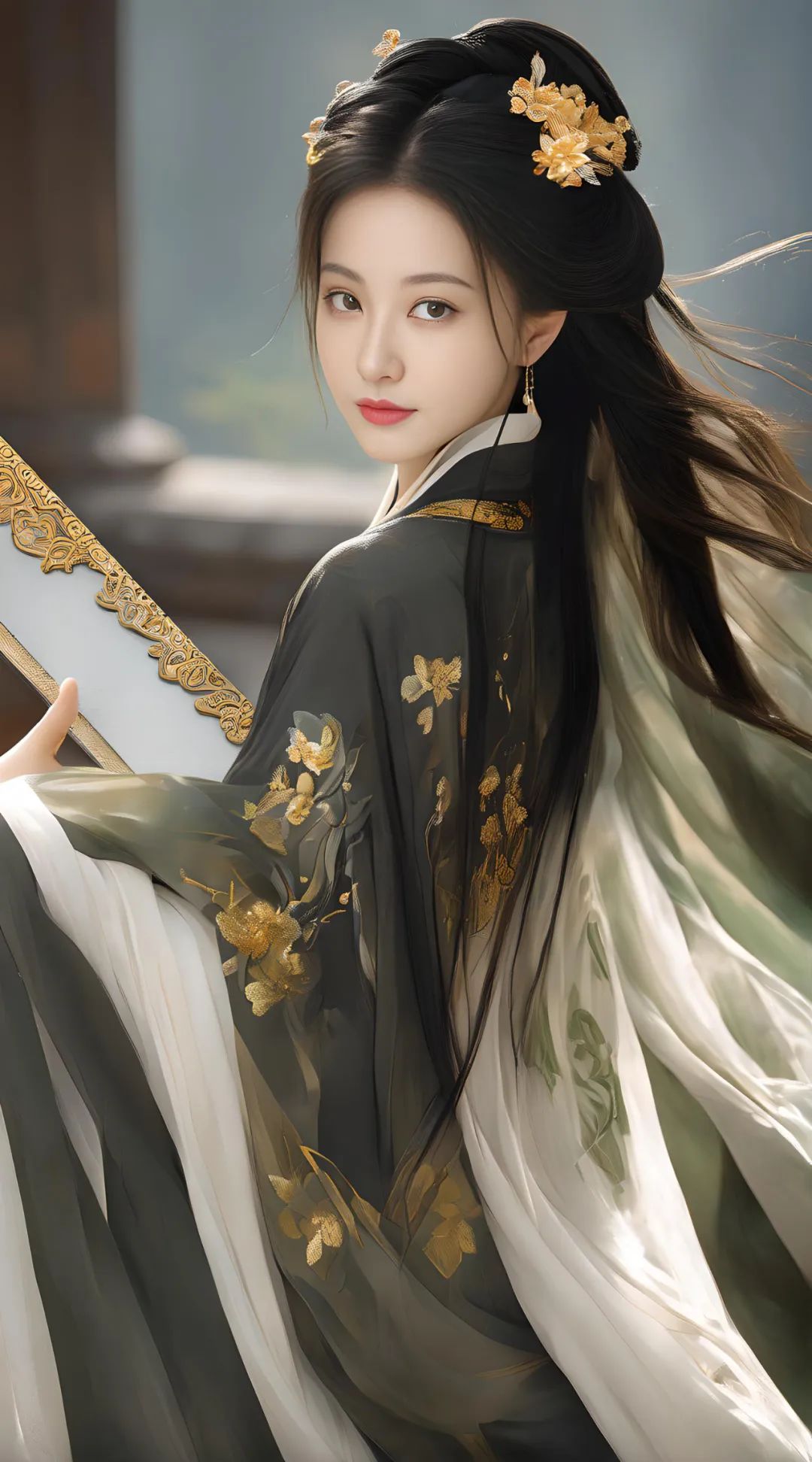 AI美女| 唯美中国风 黑金色汉服美人如玉 风华绝代 绝美容颜 - 炫图天下