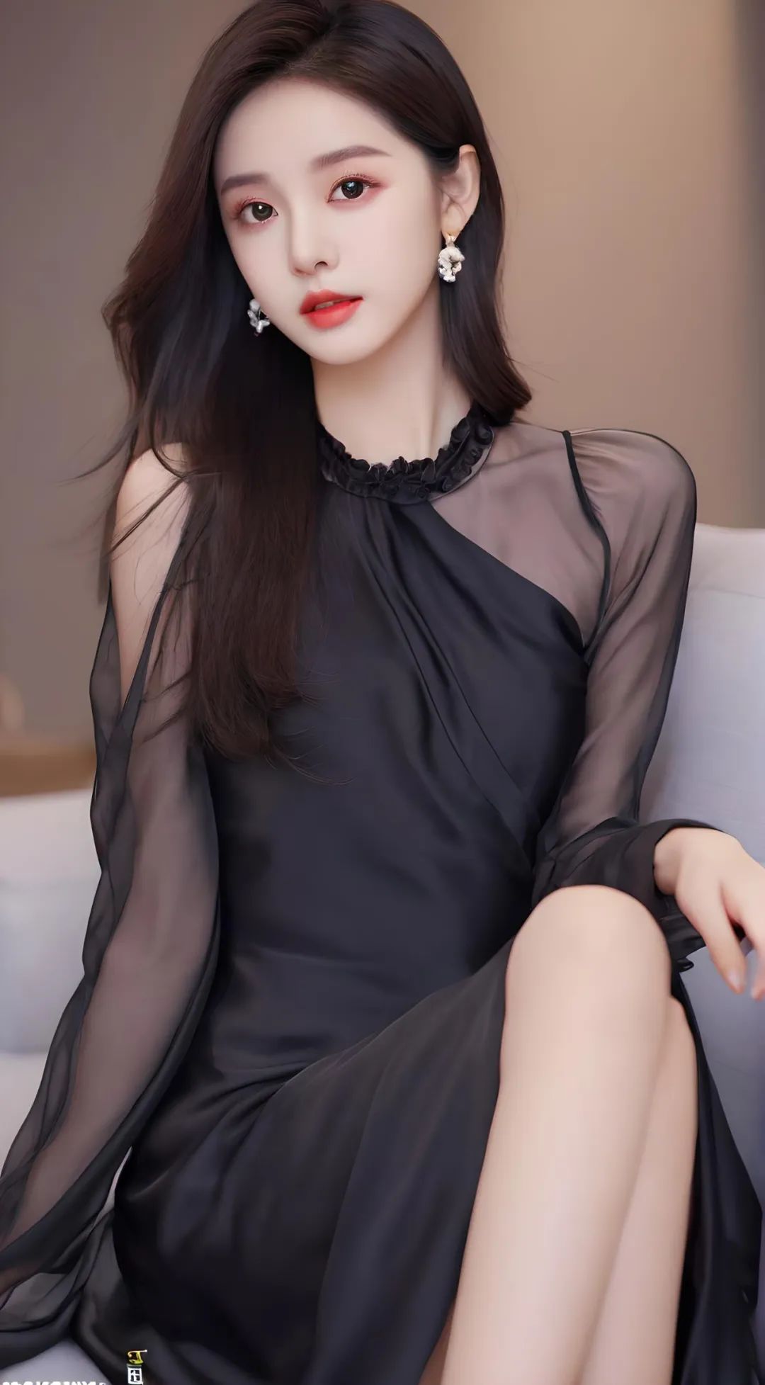坐在沙发上穿着简约优雅丝绸礼服的美女 - 炫图天下
