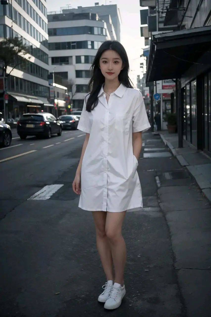 都市风情：街头摄影中的少女，衬衫裙下的优雅身姿散发着都市的时尚魅力 - 炫图天下
