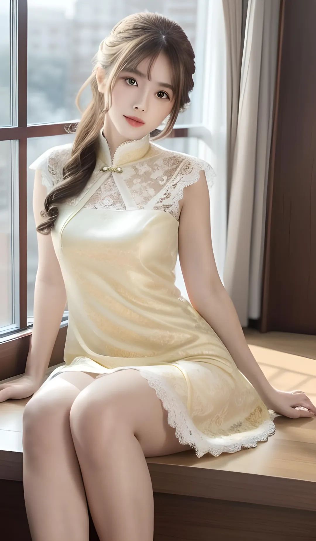 浅黄色蕾丝花边旗袍美女高清壁纸 - 炫图天下
