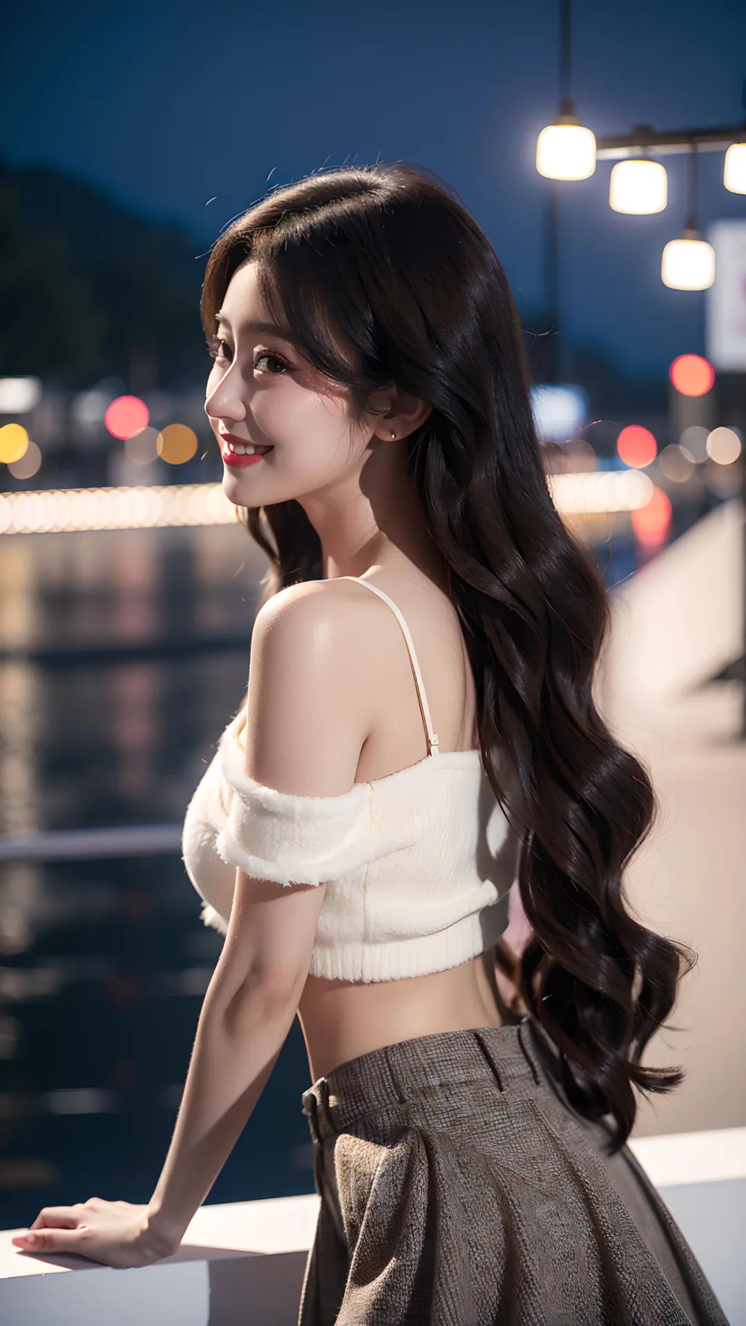夜色霓虹的江边，优雅侧脸美女高清壁纸 - 炫图天下