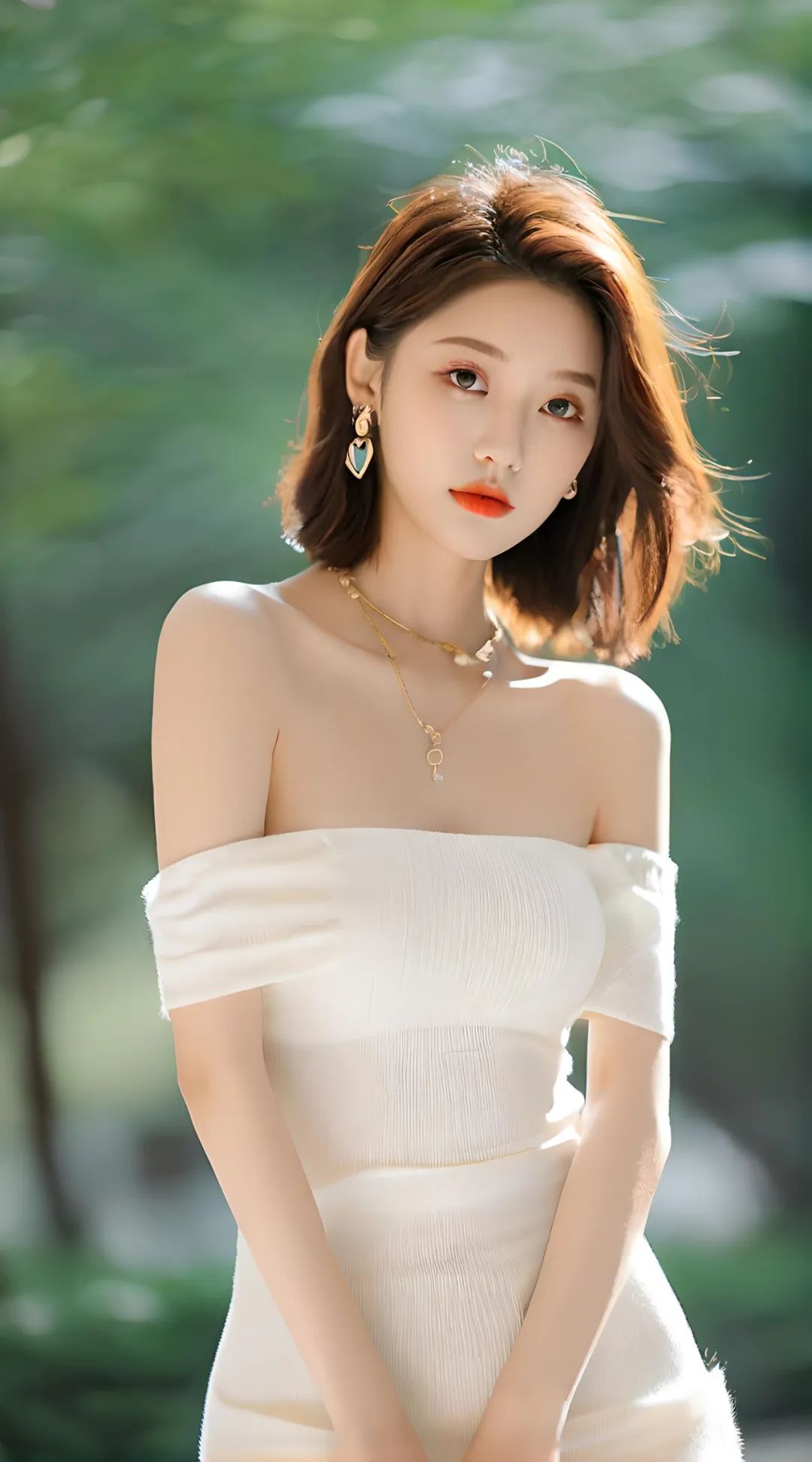 白色抹胸连衣长裙美女，青春靓丽 - 炫图天下