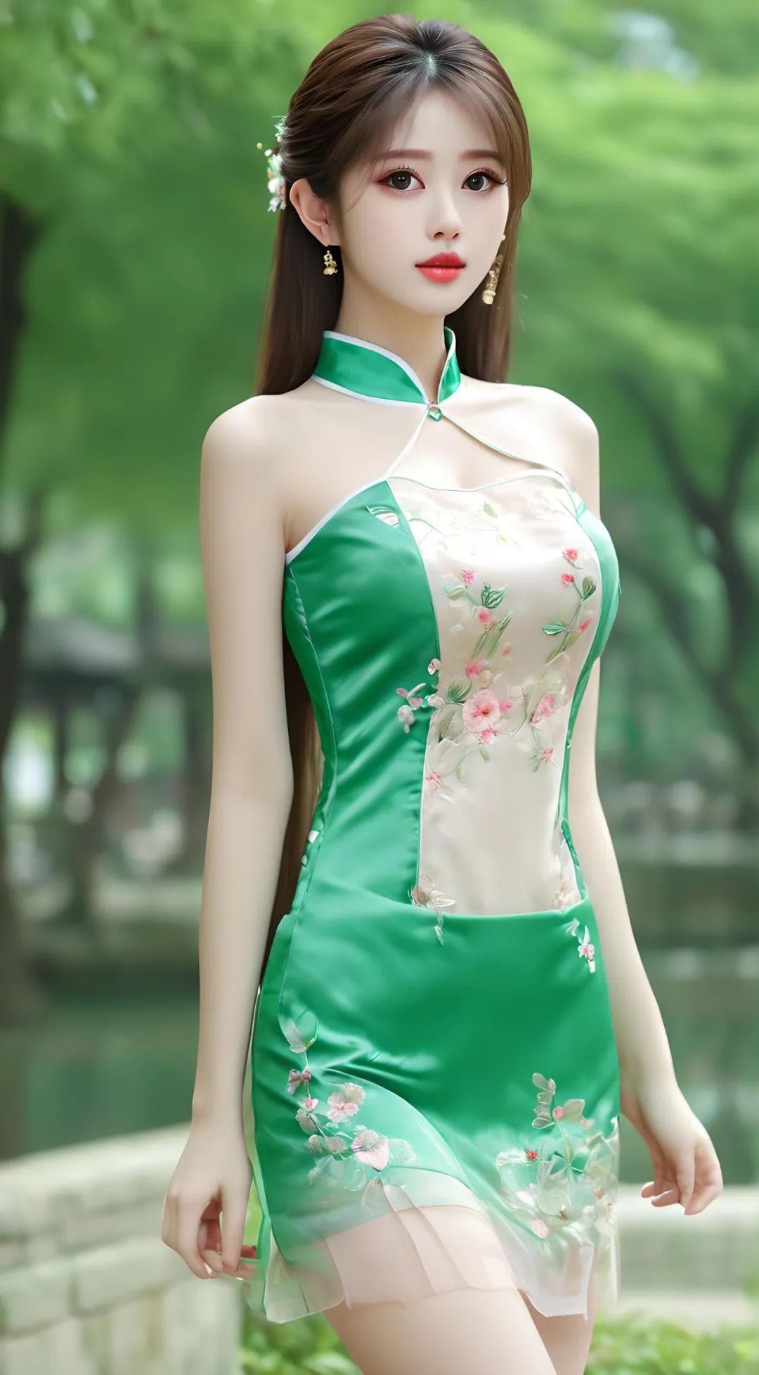 绿色丝绸薄纱旗袍修长玉腿美女高清壁纸 - 炫图天下