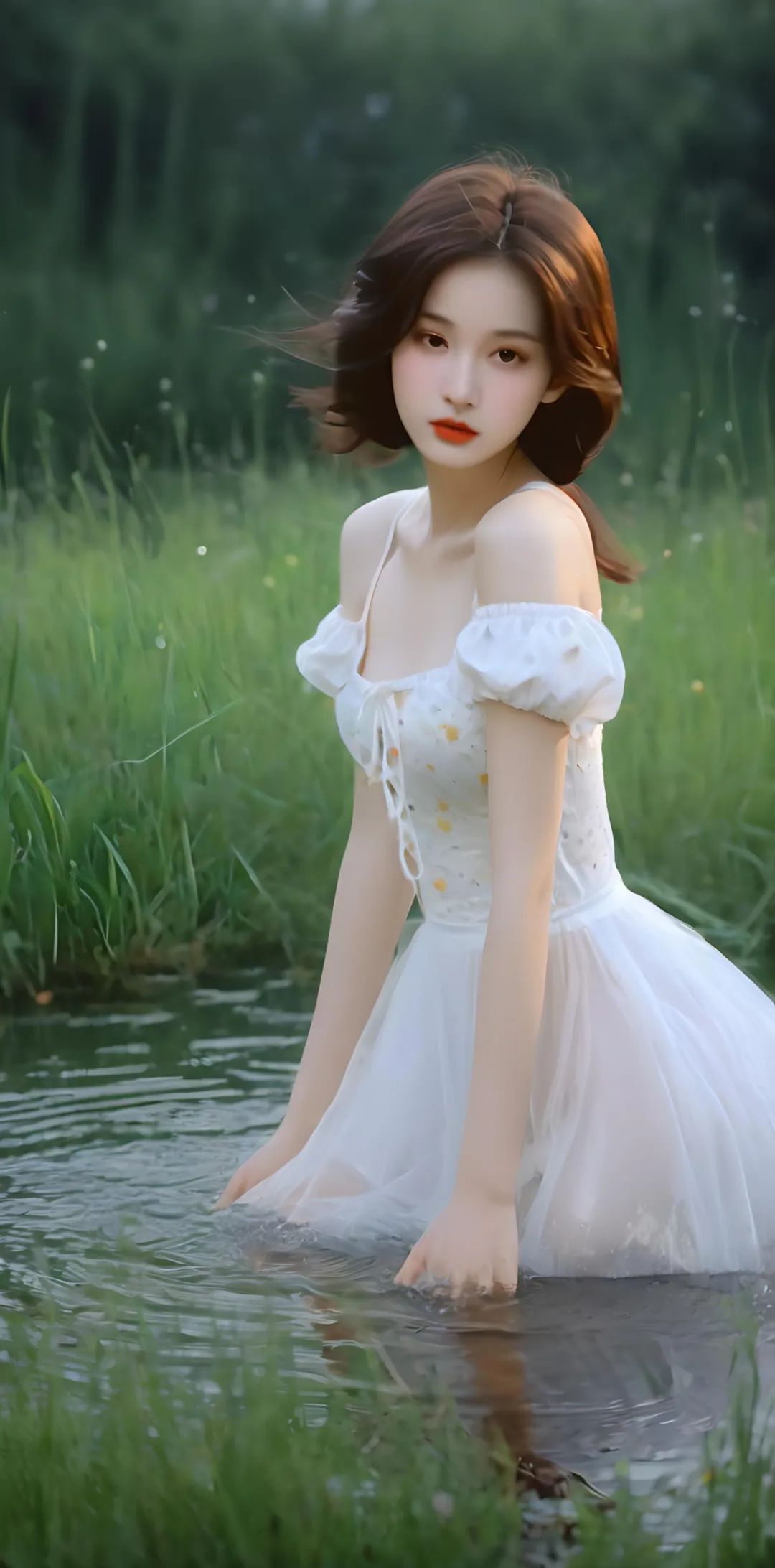 白色吊带裙美女高清壁纸，河边女孩写真 - 炫图天下