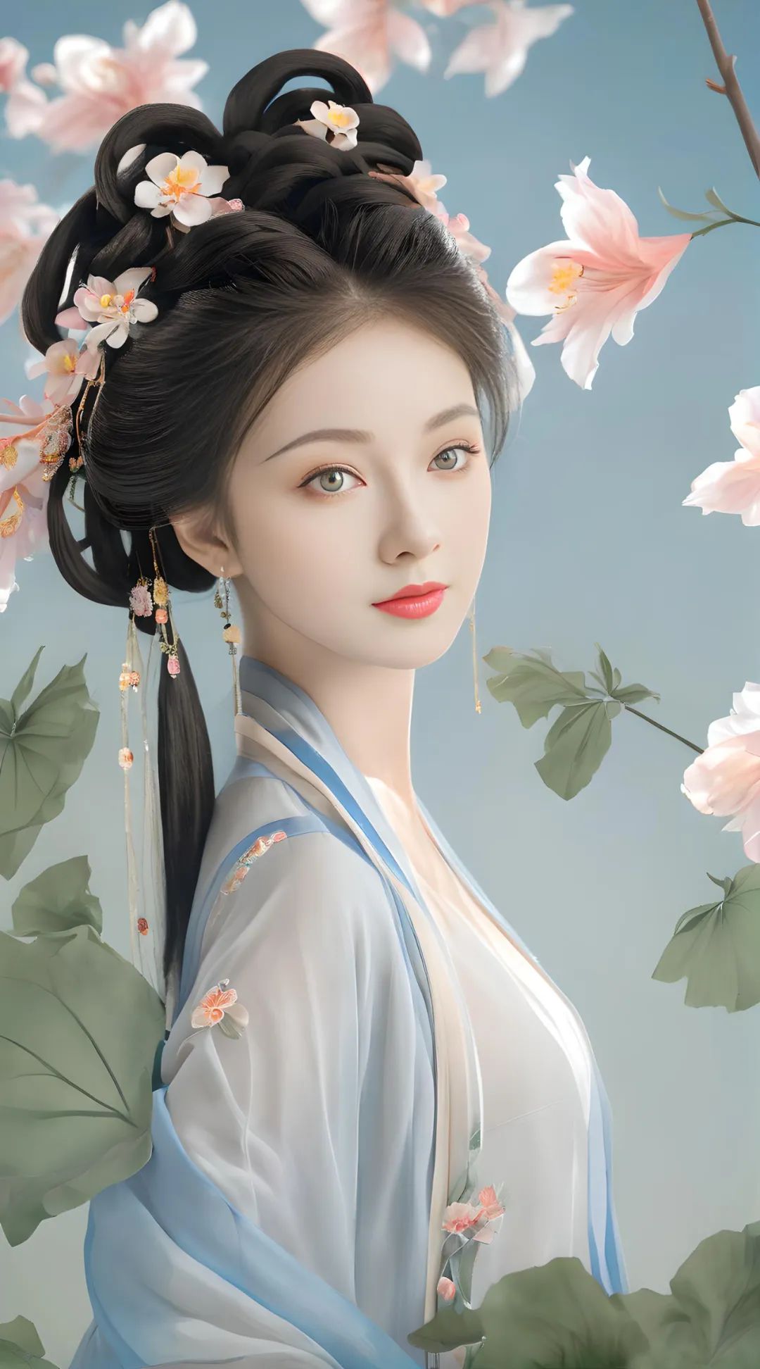 AI美女 | 天青色长裙粉桃花，唐菖蒲瓜叶皆成诗，古韵温婉美女的柔情与雅致 - 炫图天下