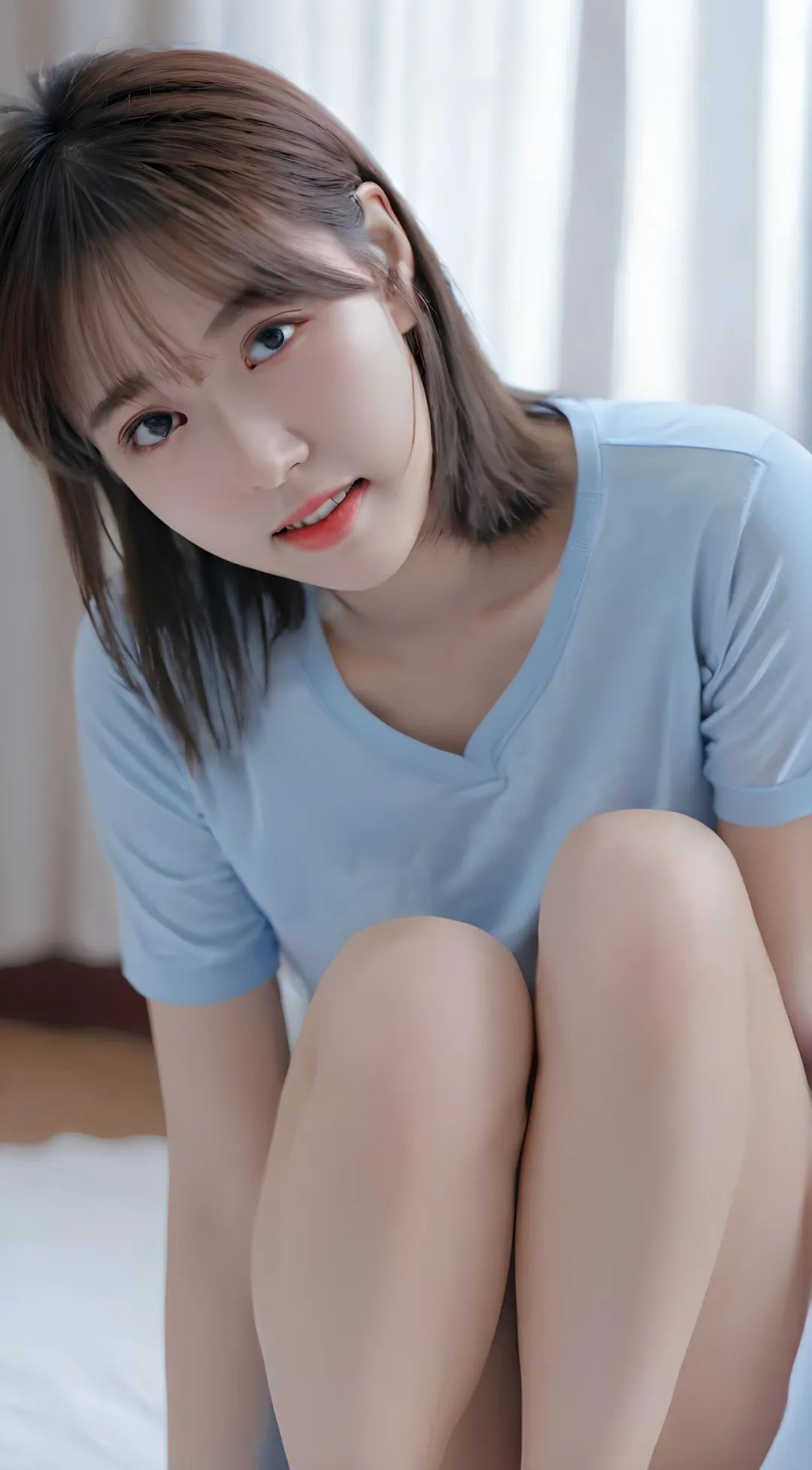 蓝色修身T恤美女高清壁纸 - 炫图天下