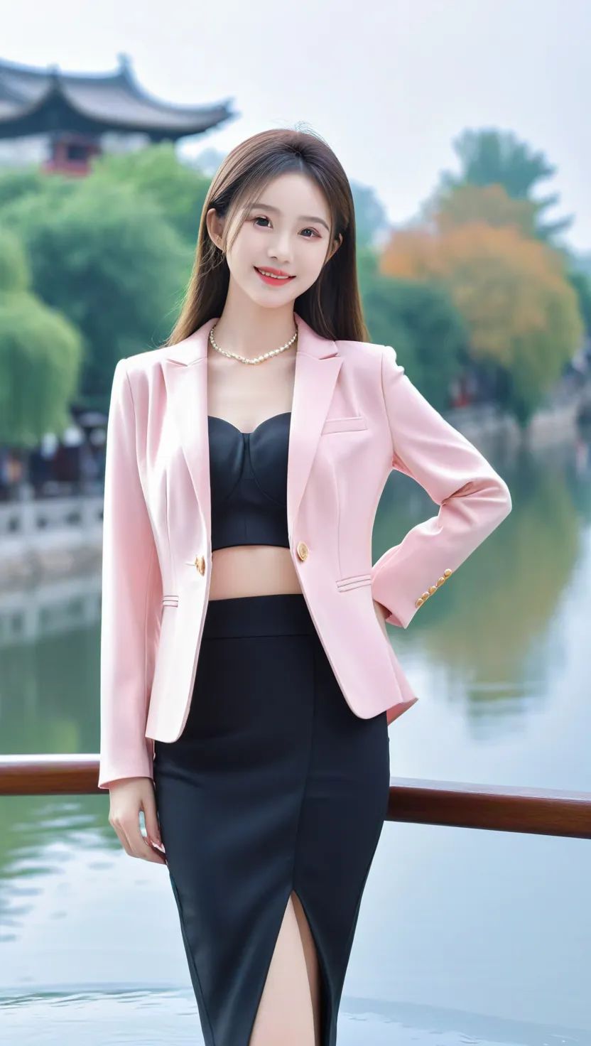 粉色西装短裙职业套装美女 - 炫图天下