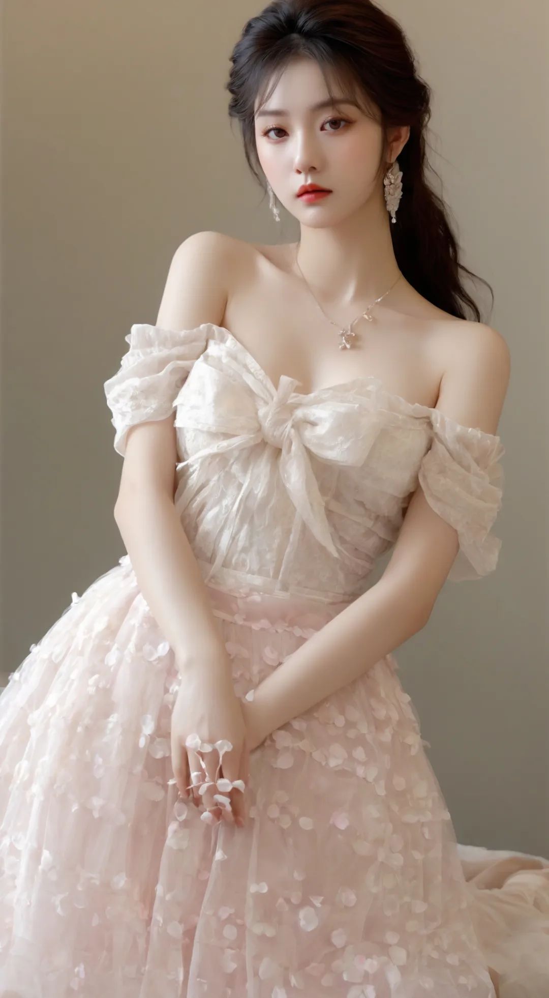 米白色蝴蝶结长裙美女高清壁纸 - 炫图天下