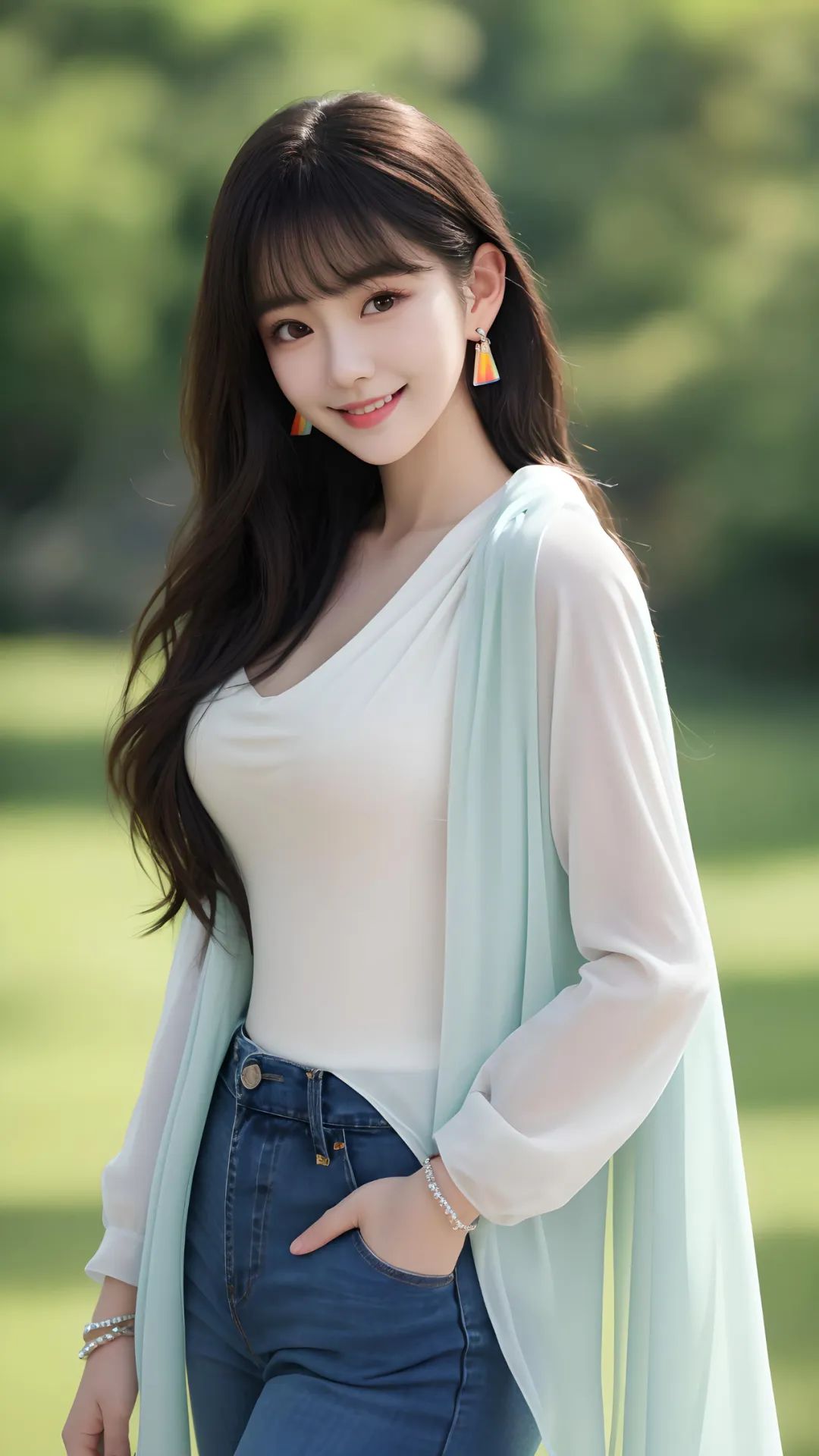 AI美女 | 浅绿色雪纺长袖+蓝色牛仔裤：经历痛苦才能成长 - 炫图天下