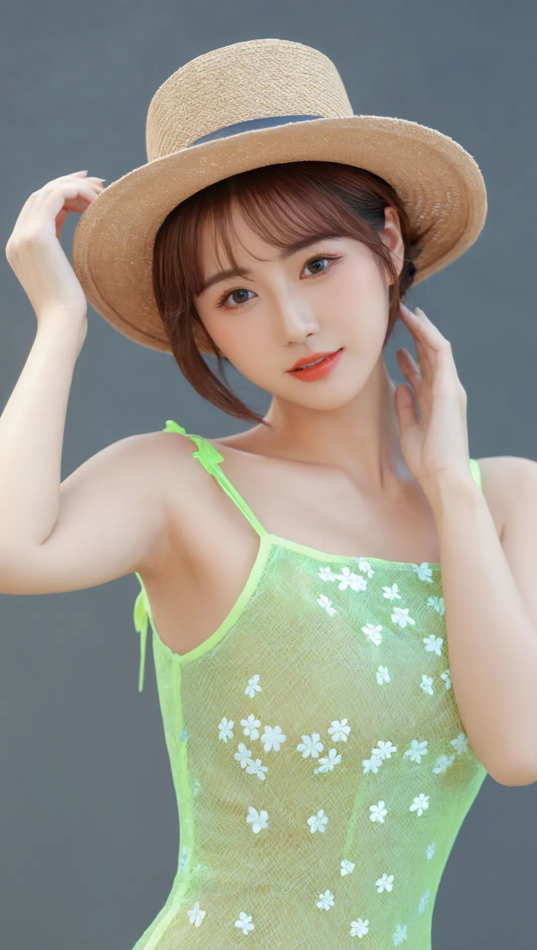 水润霓虹绿色网眼连衣裙美女 - 炫图天下