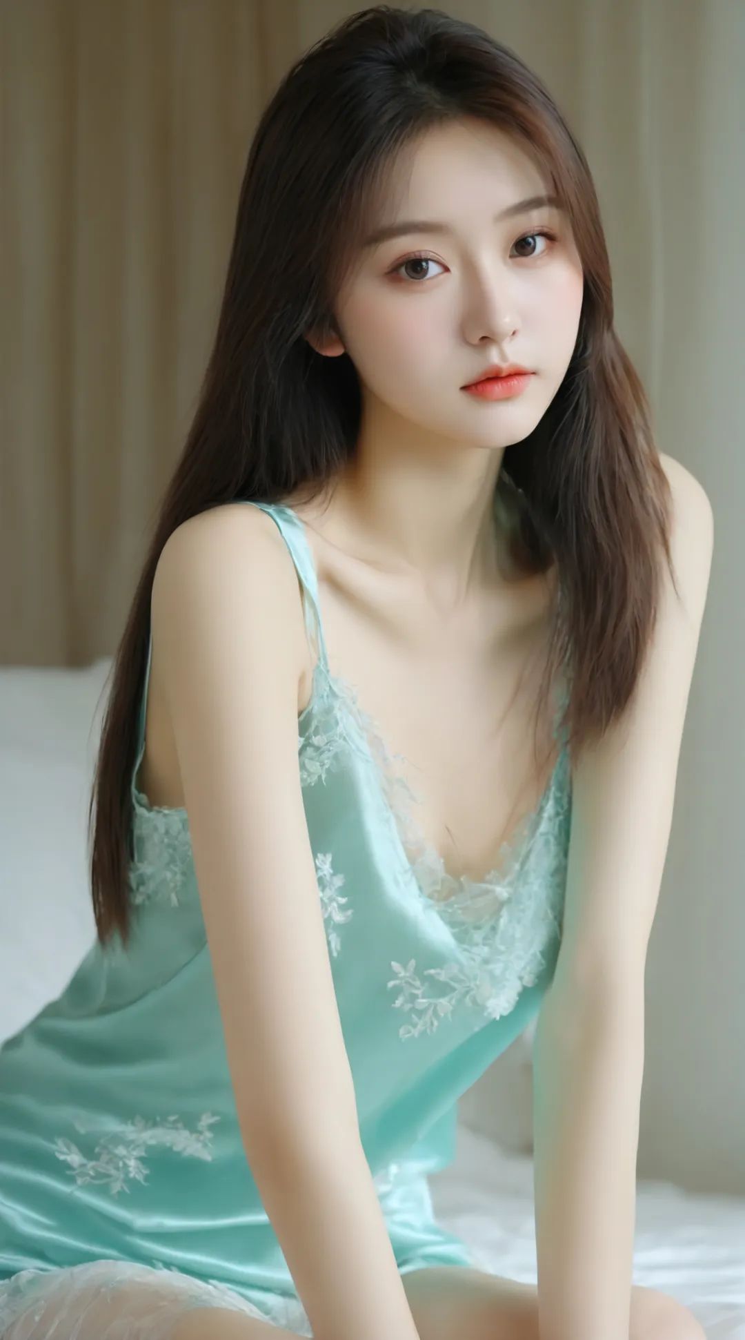 绝美青绿色真丝吊带美女写真高清壁纸 - 炫图天下