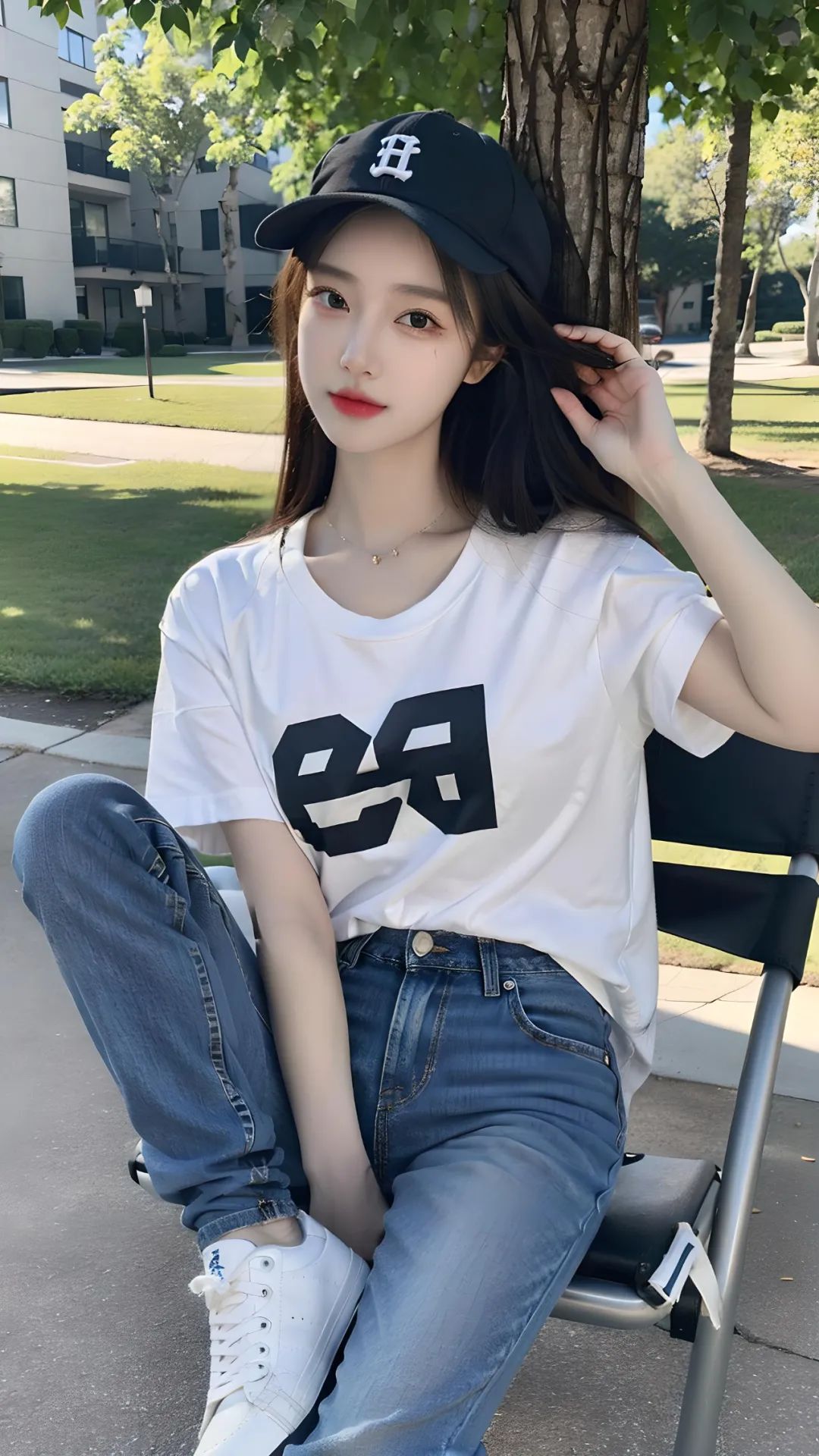 棒球帽美女公园写真高清壁纸 - 炫图天下