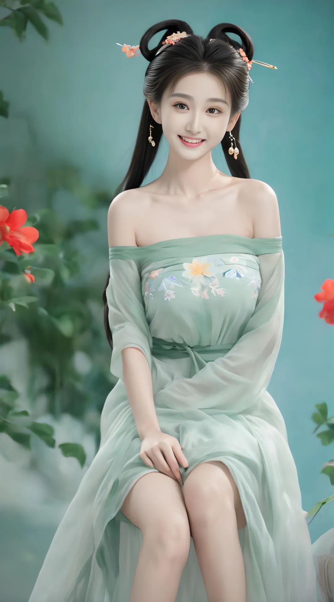 浅绿色连衣碎花裙古装美女高清壁纸 - 炫图天下