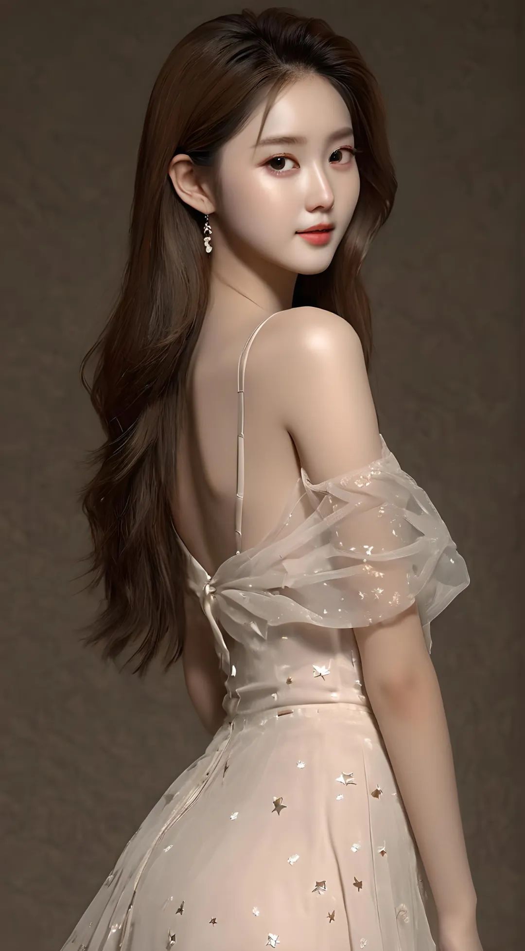 棕色纯欲性感晚礼服裙美女高清壁纸 - 炫图天下