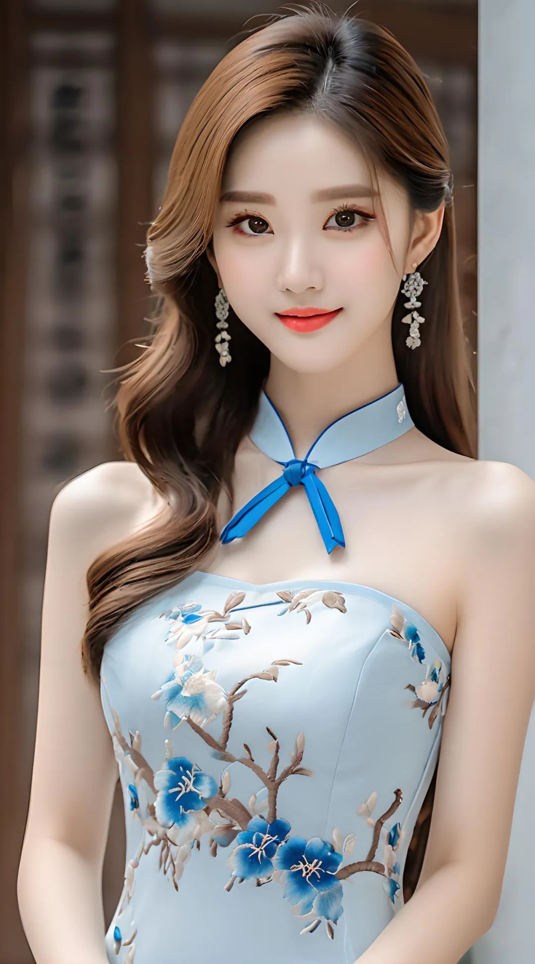 花鸟薄纱绣花蓝色旗袍美女高清壁纸 - 炫图天下