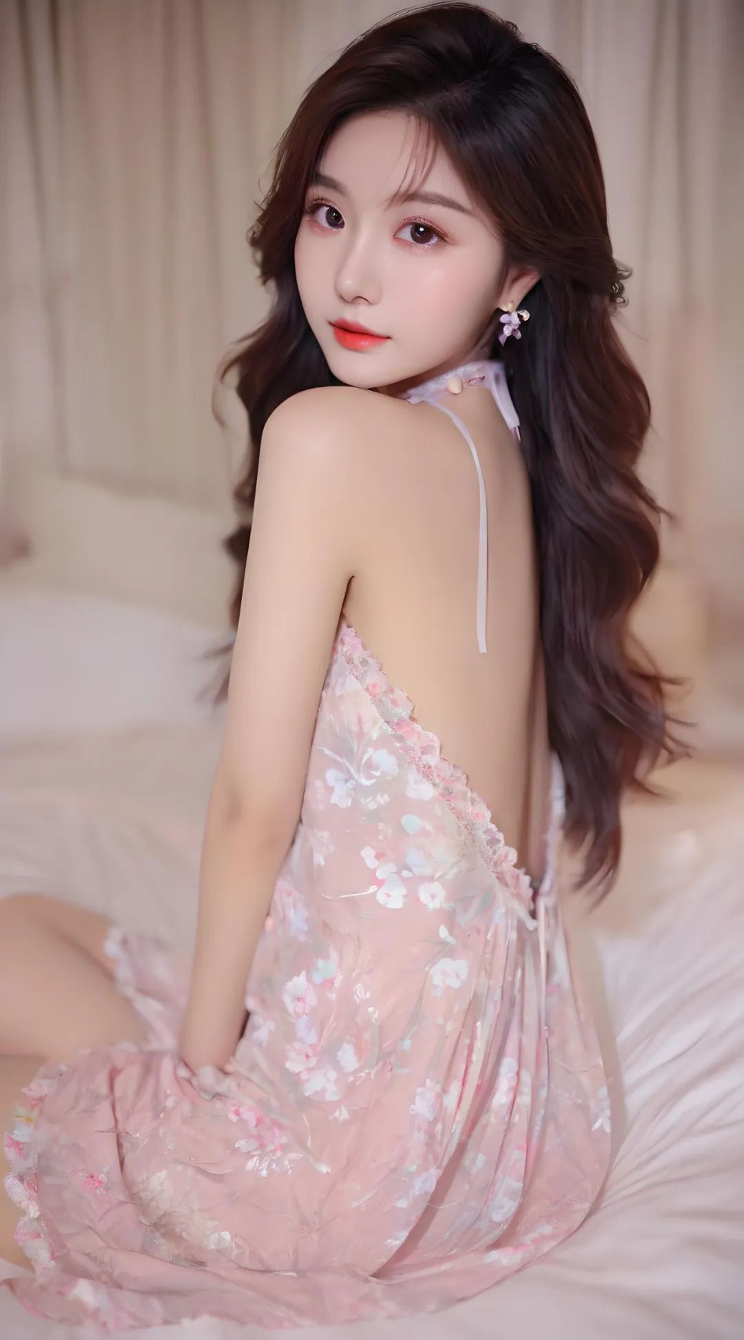 粉红色碎花睡裙纯欲美女写真高清壁纸 - 炫图天下