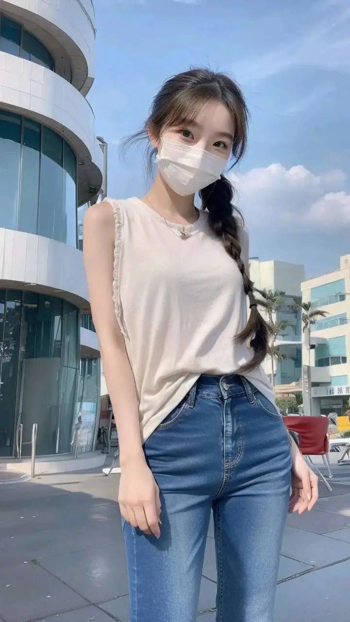 蓝天白云下戴口罩的女孩 - 炫图天下