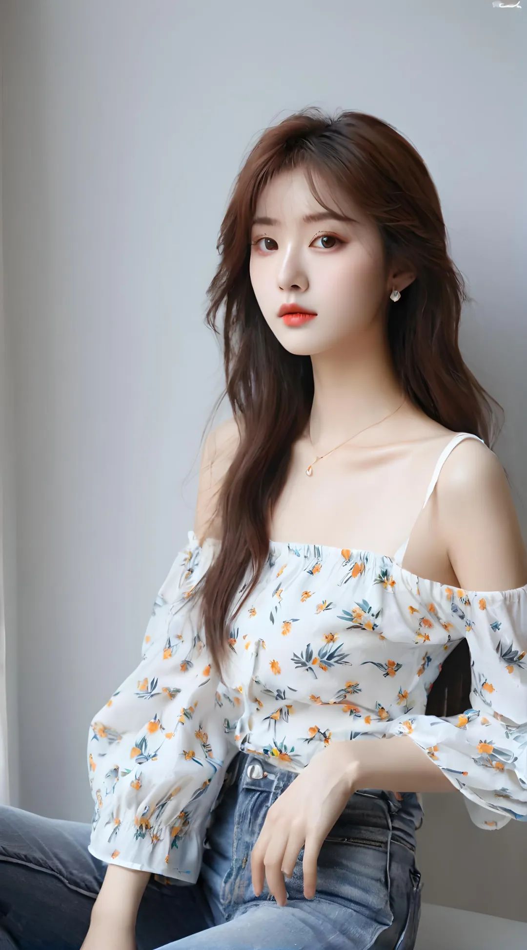 短款小衫印花喇叭袖美女写真高清壁纸 - 炫图天下