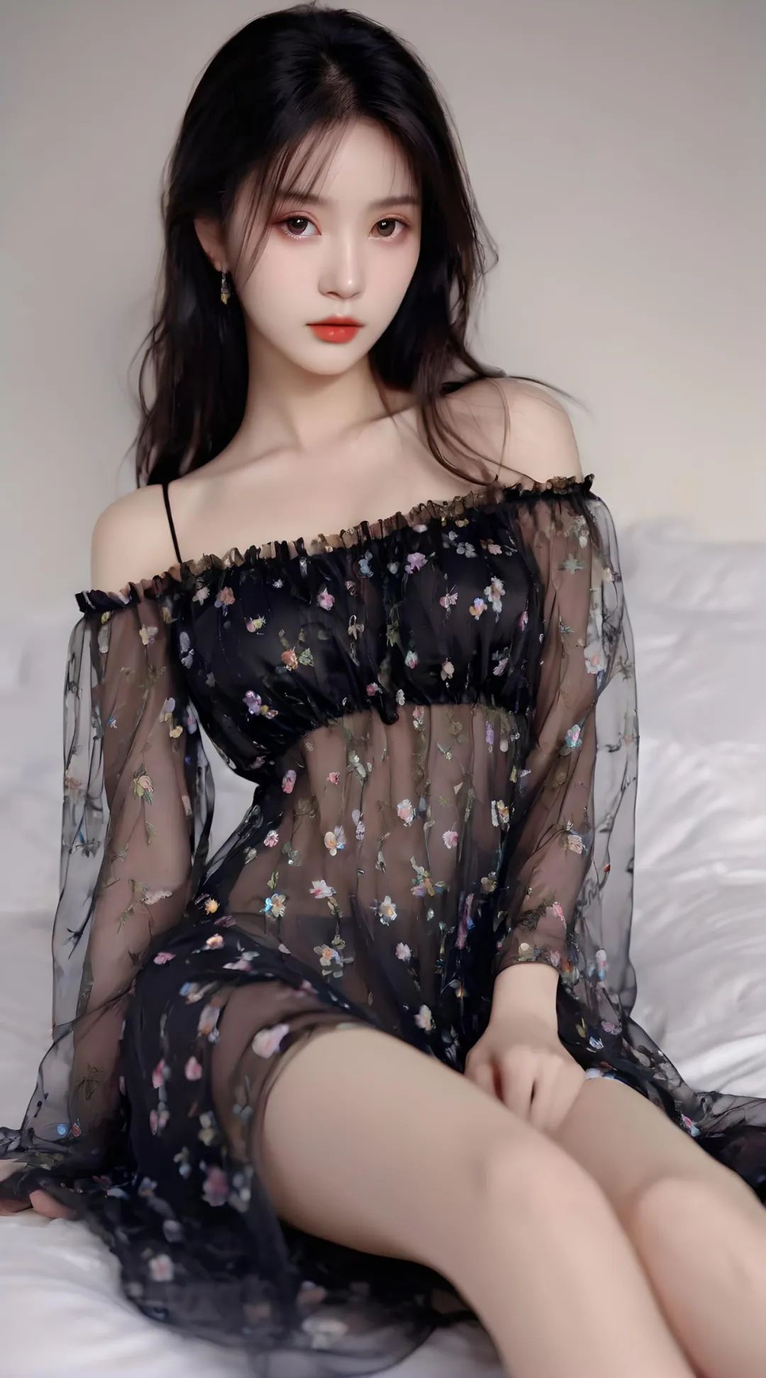黑色透明露肩碎花睡裙美女写真高清壁纸 - 炫图天下