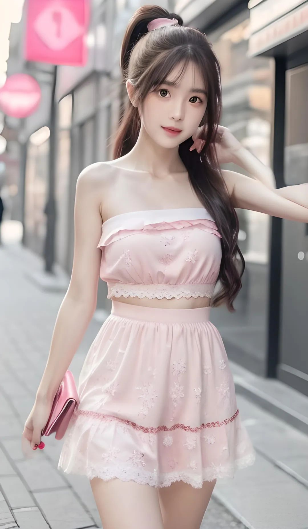 粉白色抹胸蕾丝短裙美女街拍壁纸 - 炫图天下
