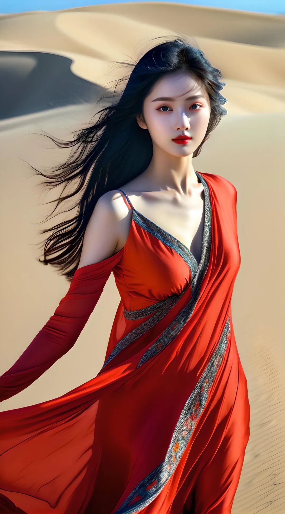 AI美女 | 沙漠中的神秘红裙少女：惊艳时光的永恒之美 - 炫图天下