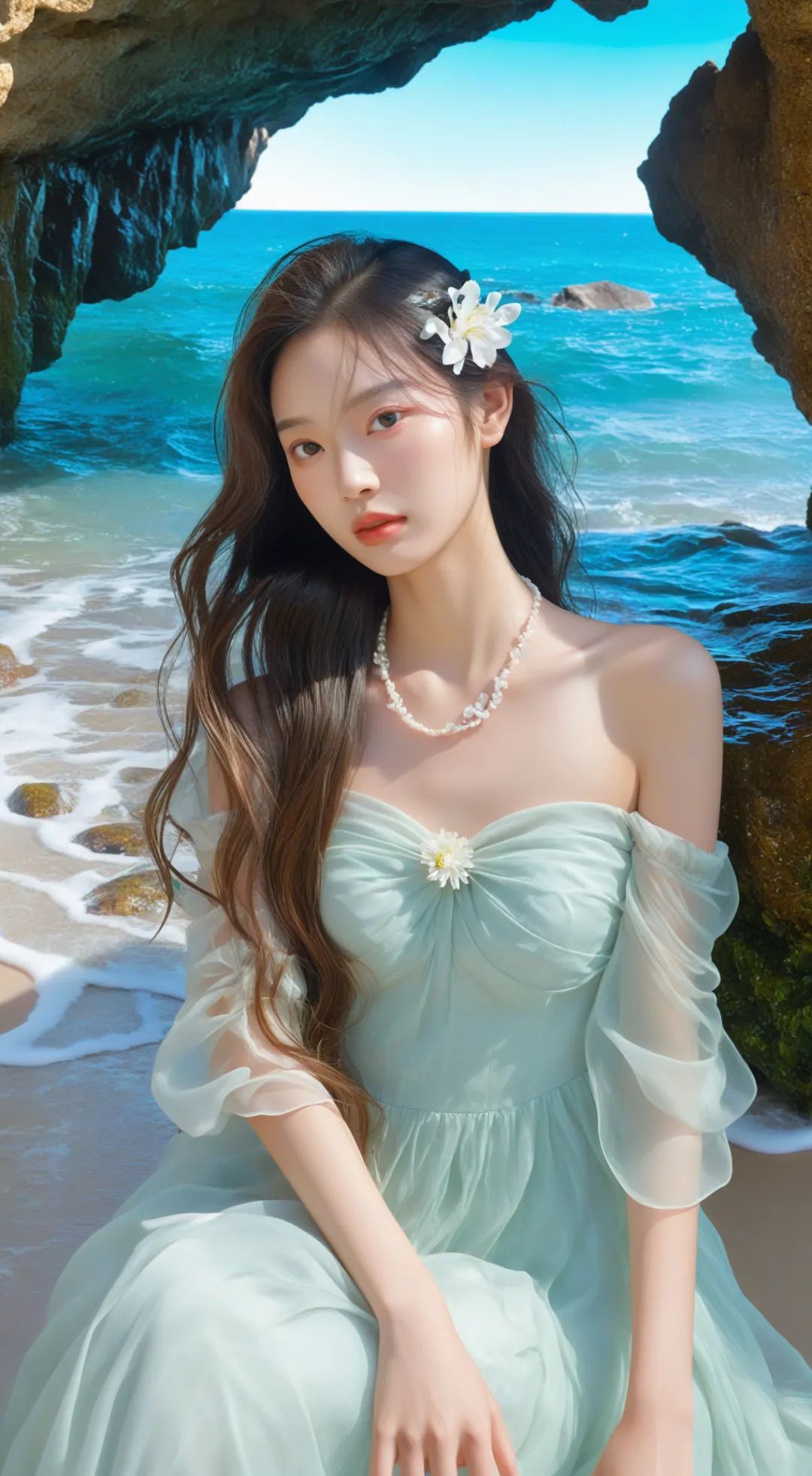 海边雪纺连衣裙纯洁美女 - 炫图天下