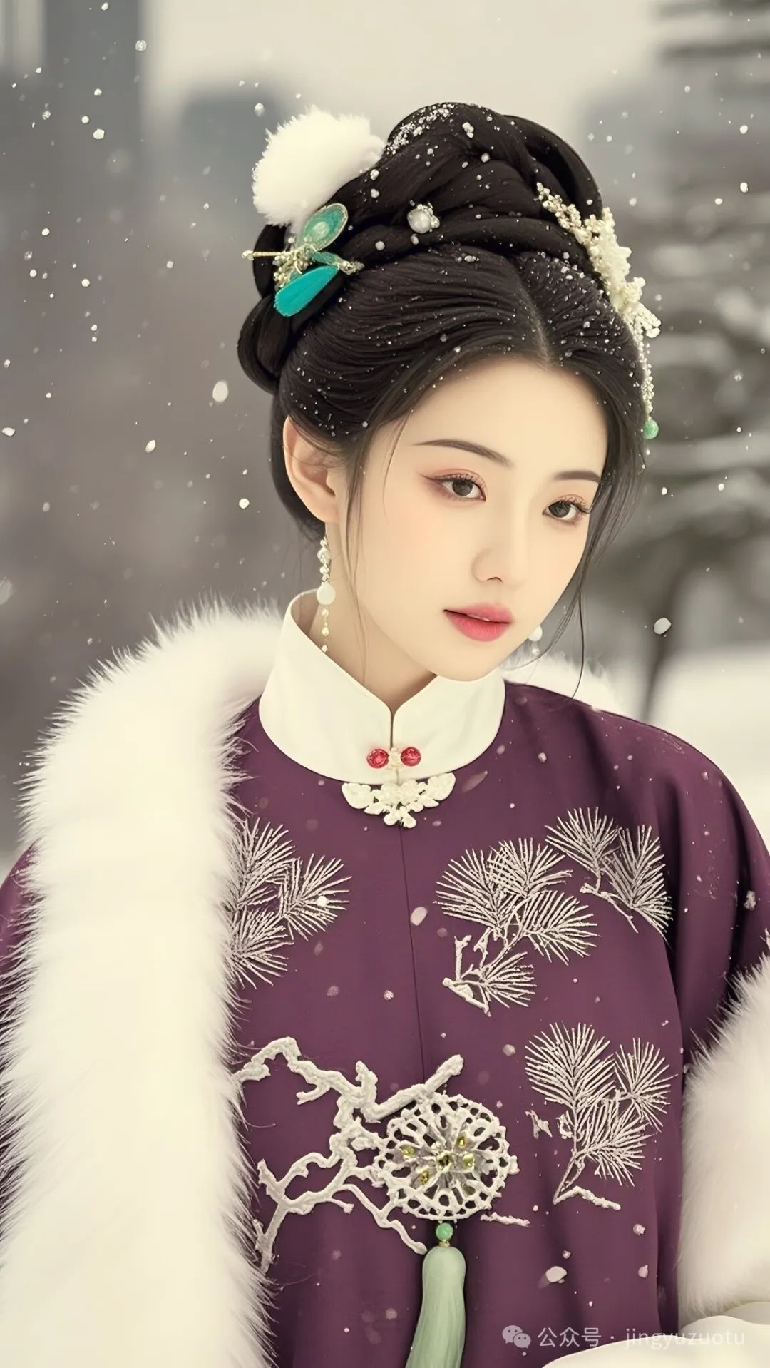 手机高清壁纸丨古风美女，绛紫锦袍，外裹貂绒披风，妥妥的贵族气质 - 炫图天下