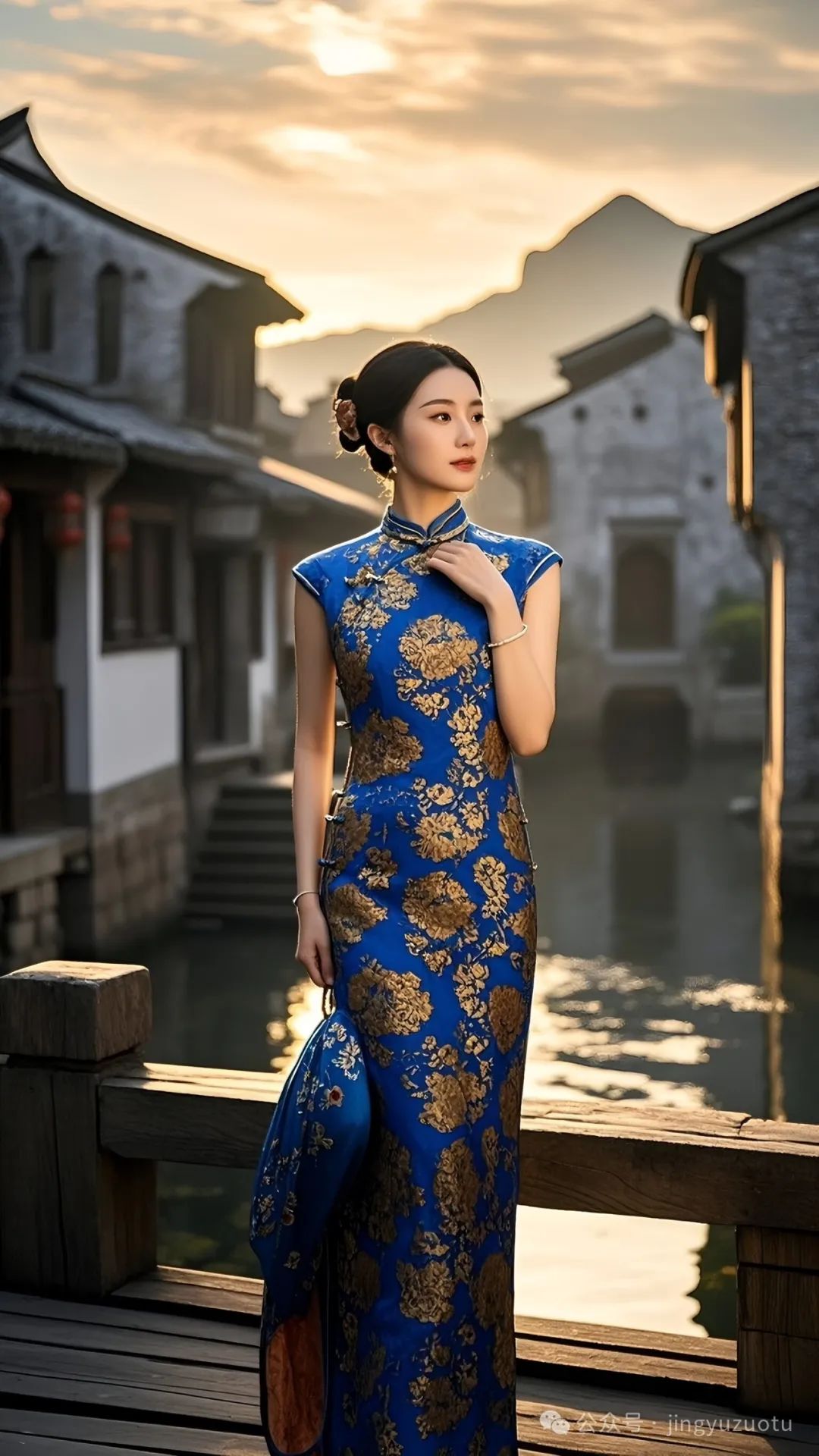 手机高清壁纸丨江南小镇，旗袍美女，双花争艳 - 炫图天下