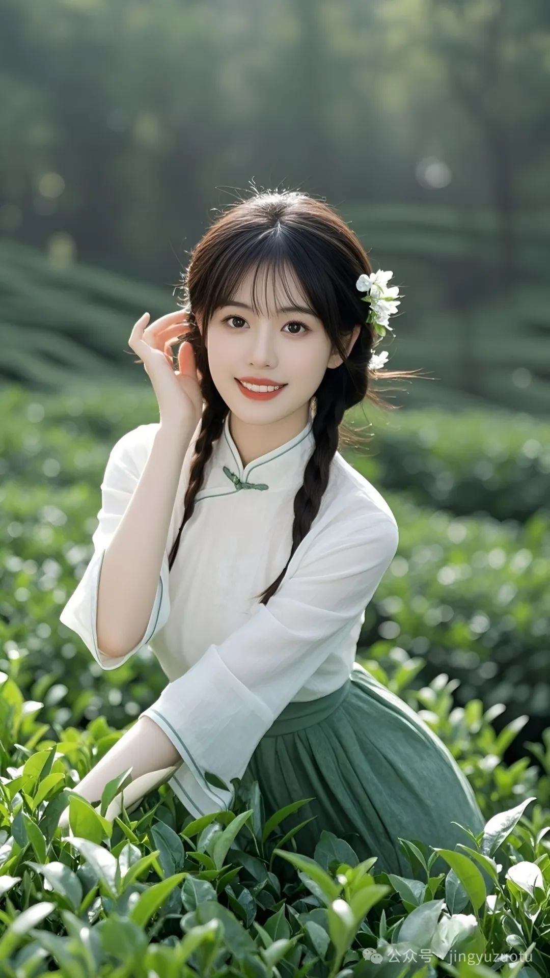 手机高清壁纸丨古风美女，采茶仙子，绿色国风 - 炫图天下