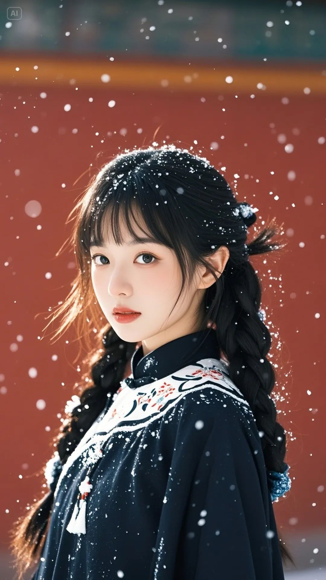 手机高清壁纸丨新中式服，小雪漫步，气质忧郁 - 炫图天下