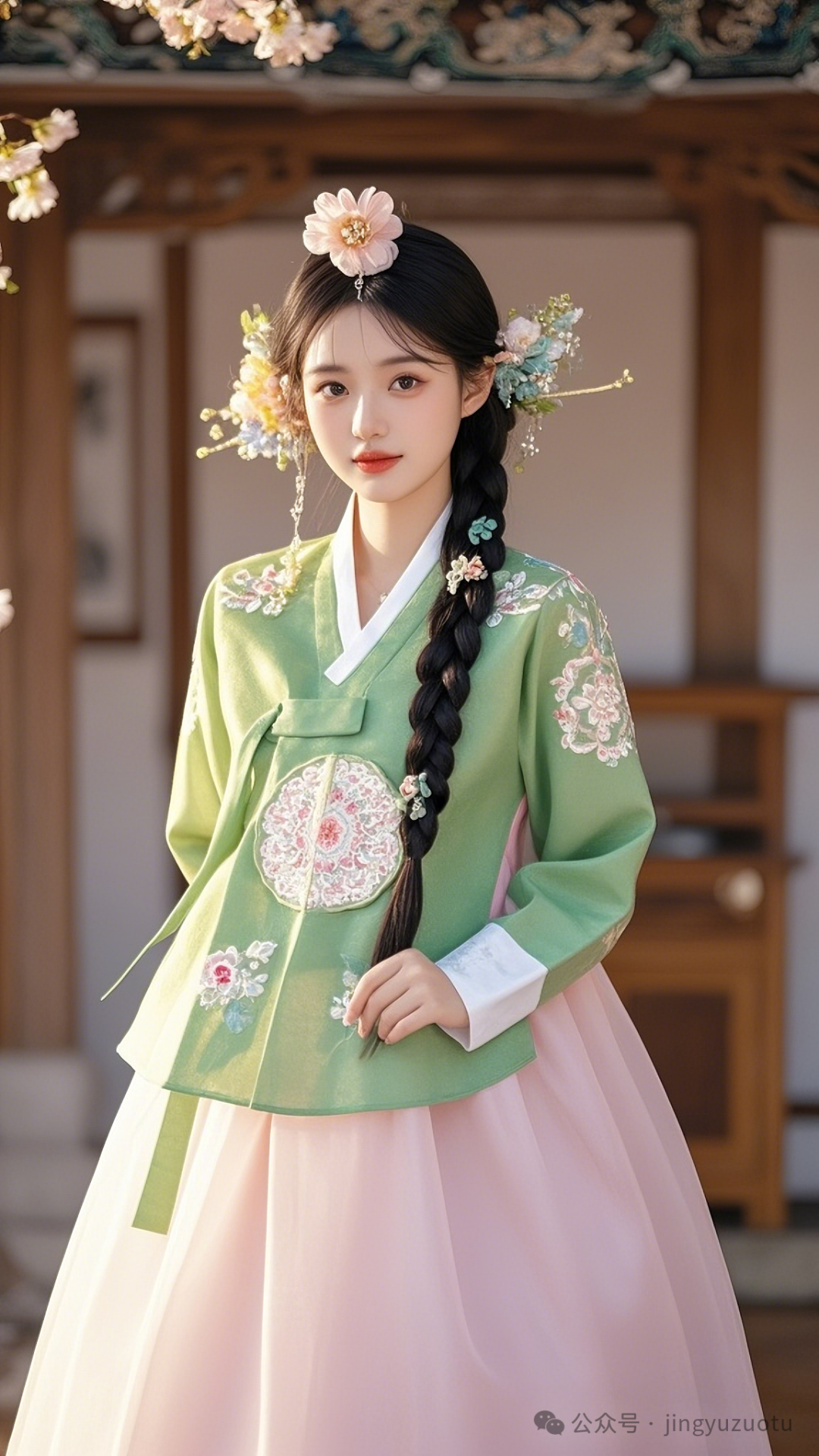 手机高清壁纸丨绿色刺绣朝鲜服，有点小可爱 - 炫图天下