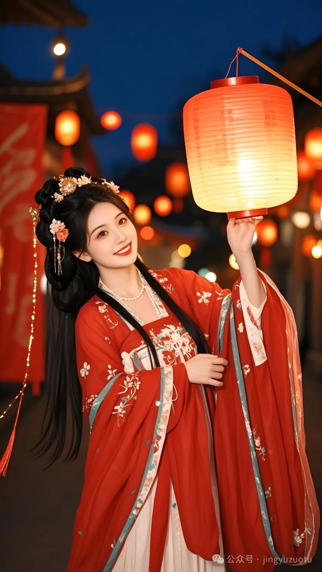 手机高清壁纸丨古风美女，红色灯笼高高挂，喜气洋洋甜美可爱 - 炫图天下