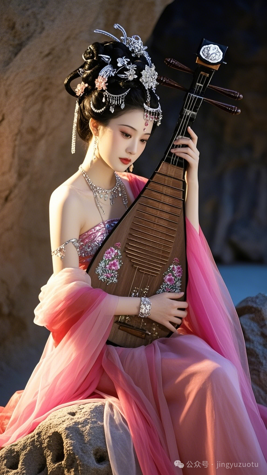 手机高清壁纸丨古装美女，琵琶弹奏，敦煌莫高窟 - 炫图天下