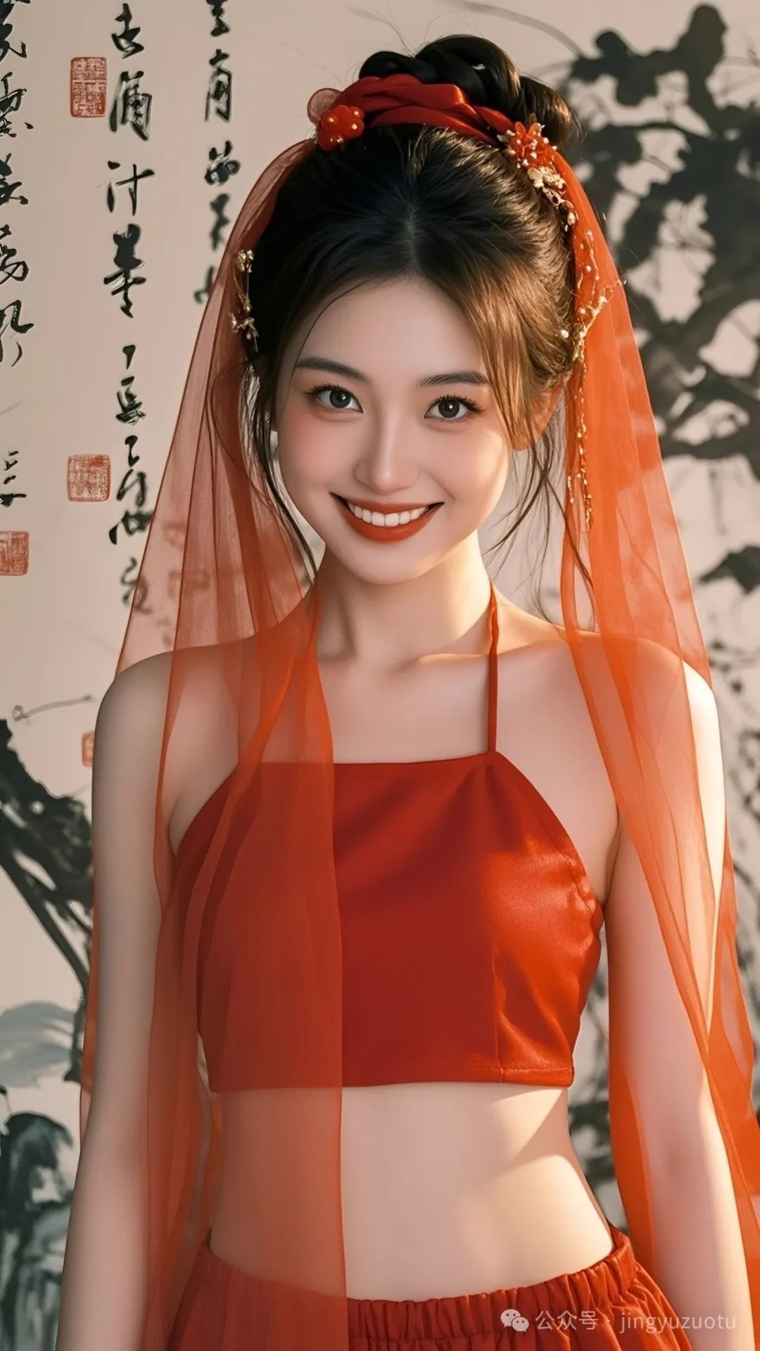 手机高清壁纸丨古风美女，红色兜肚，喜庆洋洋 - 炫图天下