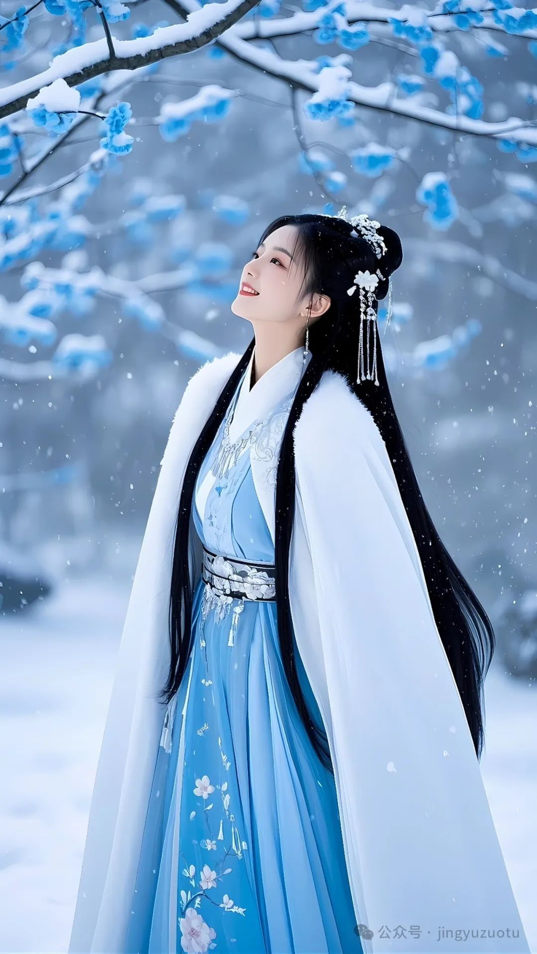 ‌手机高清壁纸丨古典美女，蓝色妖姬，雪中绽放光彩 - 炫图天下