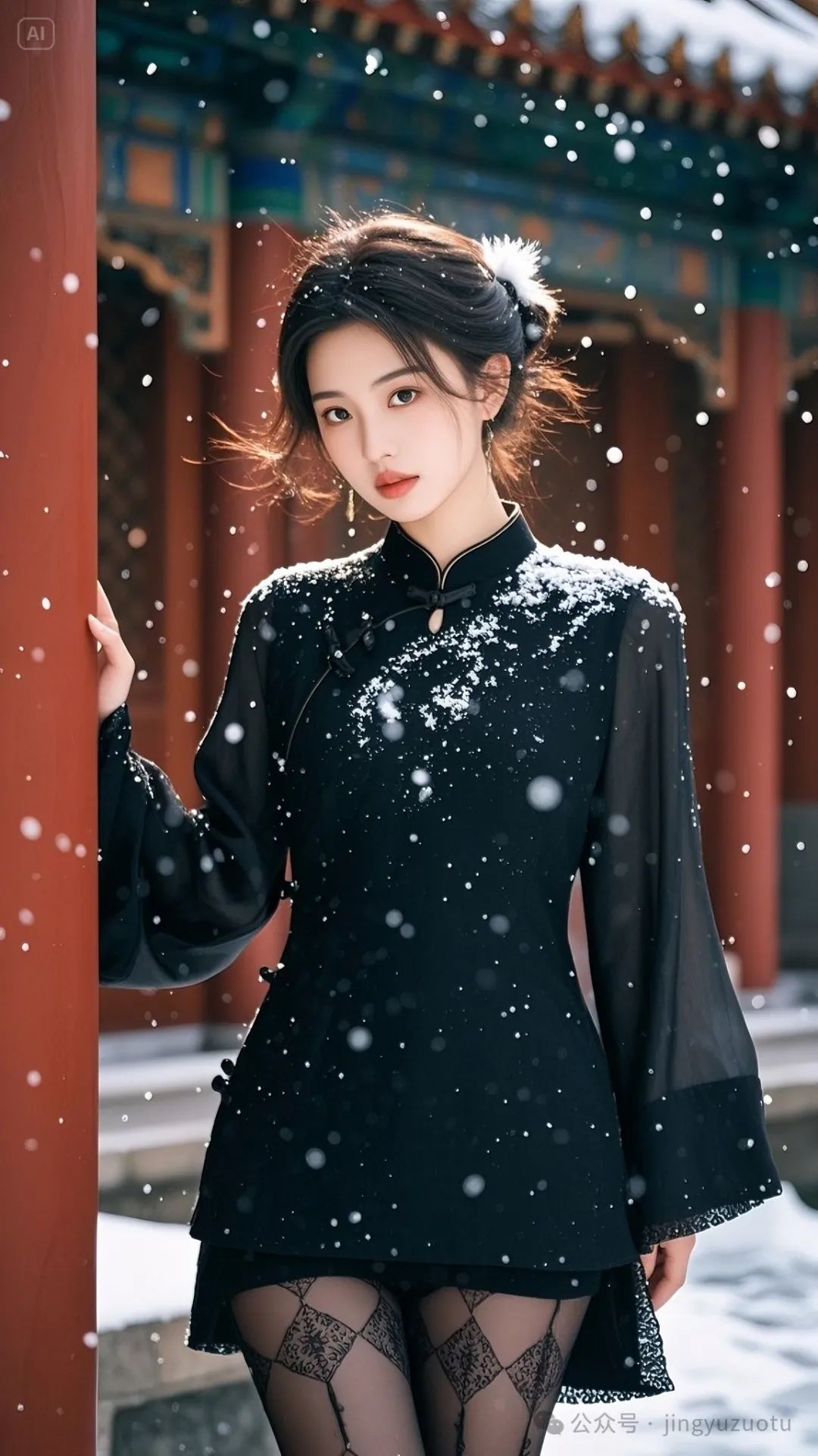手机高清壁纸：宫殿国风古韵，黑丝气质旗袍，冷艳高贵 - 炫图天下
