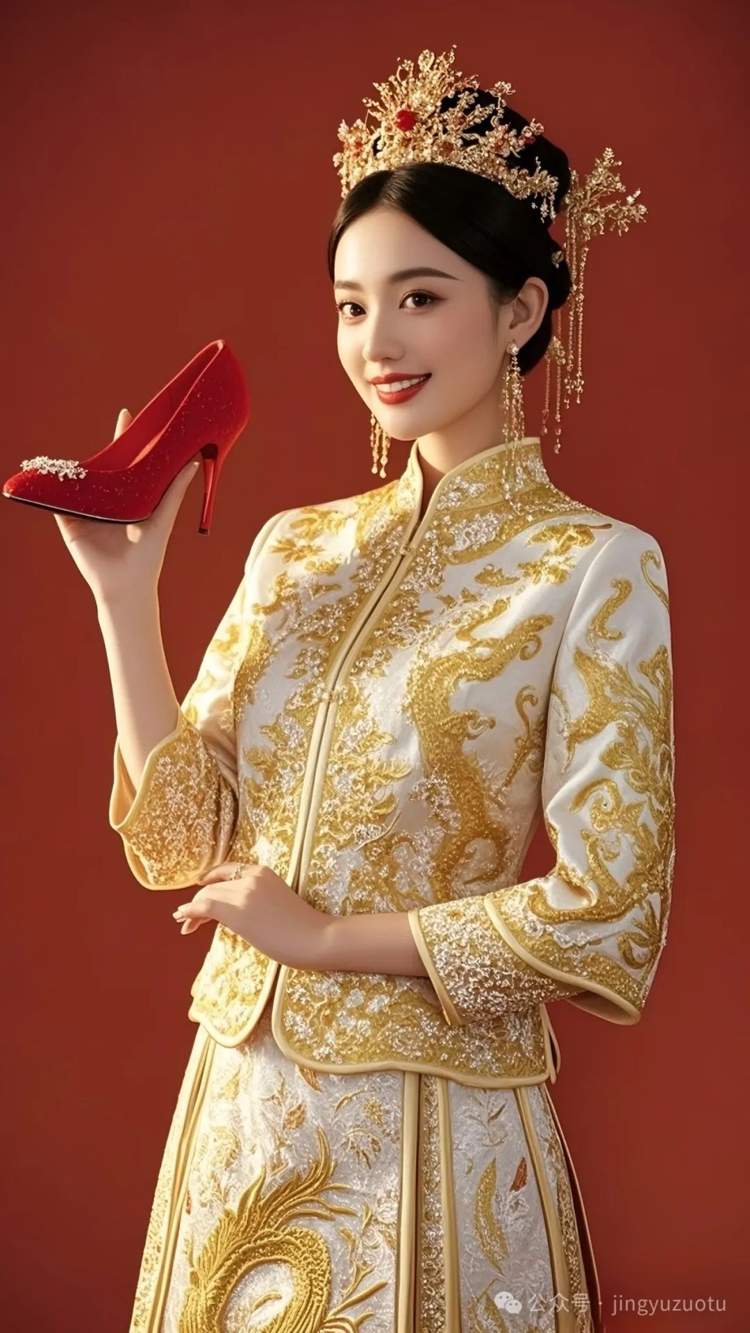 手机高清壁纸丨古风美女，红色婚服，俏皮可爱 - 炫图天下