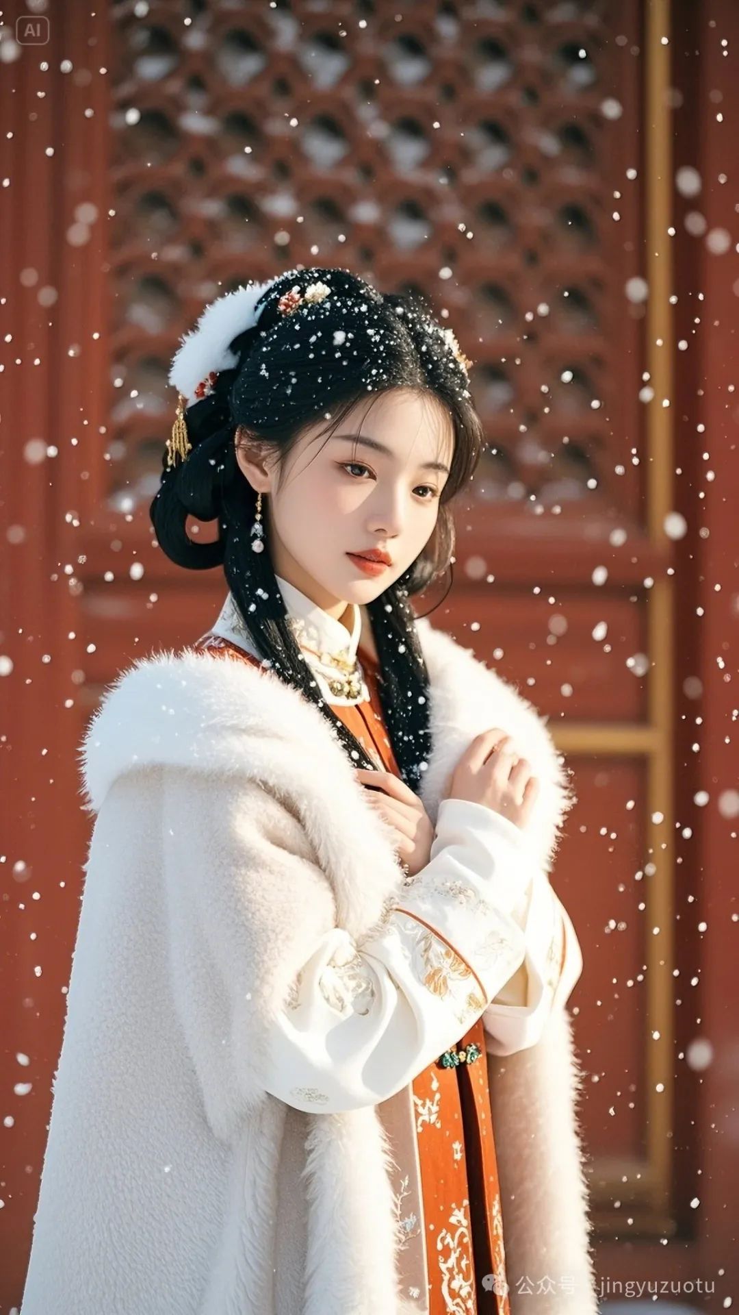 手机高清壁纸丨古装美女，风雪俏佳人，红白配 - 炫图天下