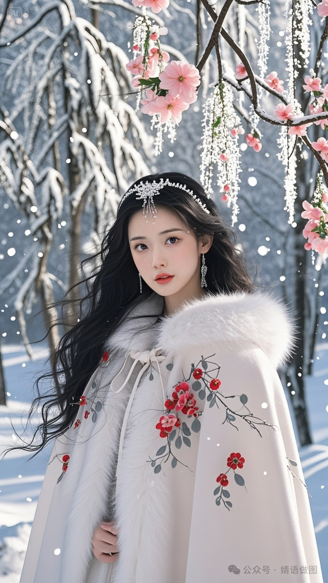 手机高清壁纸丨雪中美女，华服典雅 - 炫图天下