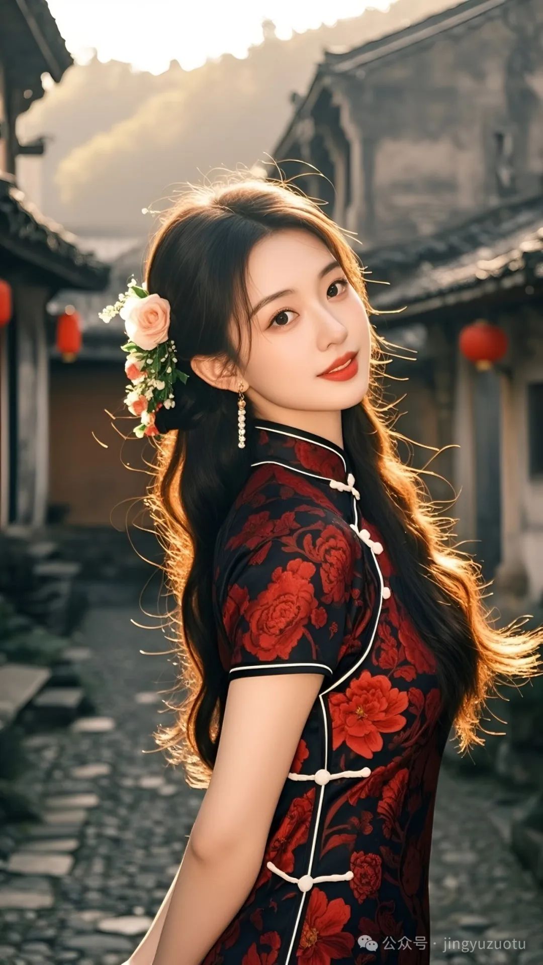 手机高清壁纸丨古风美女，江南小镇，黑红旗袍高级美 - 炫图天下