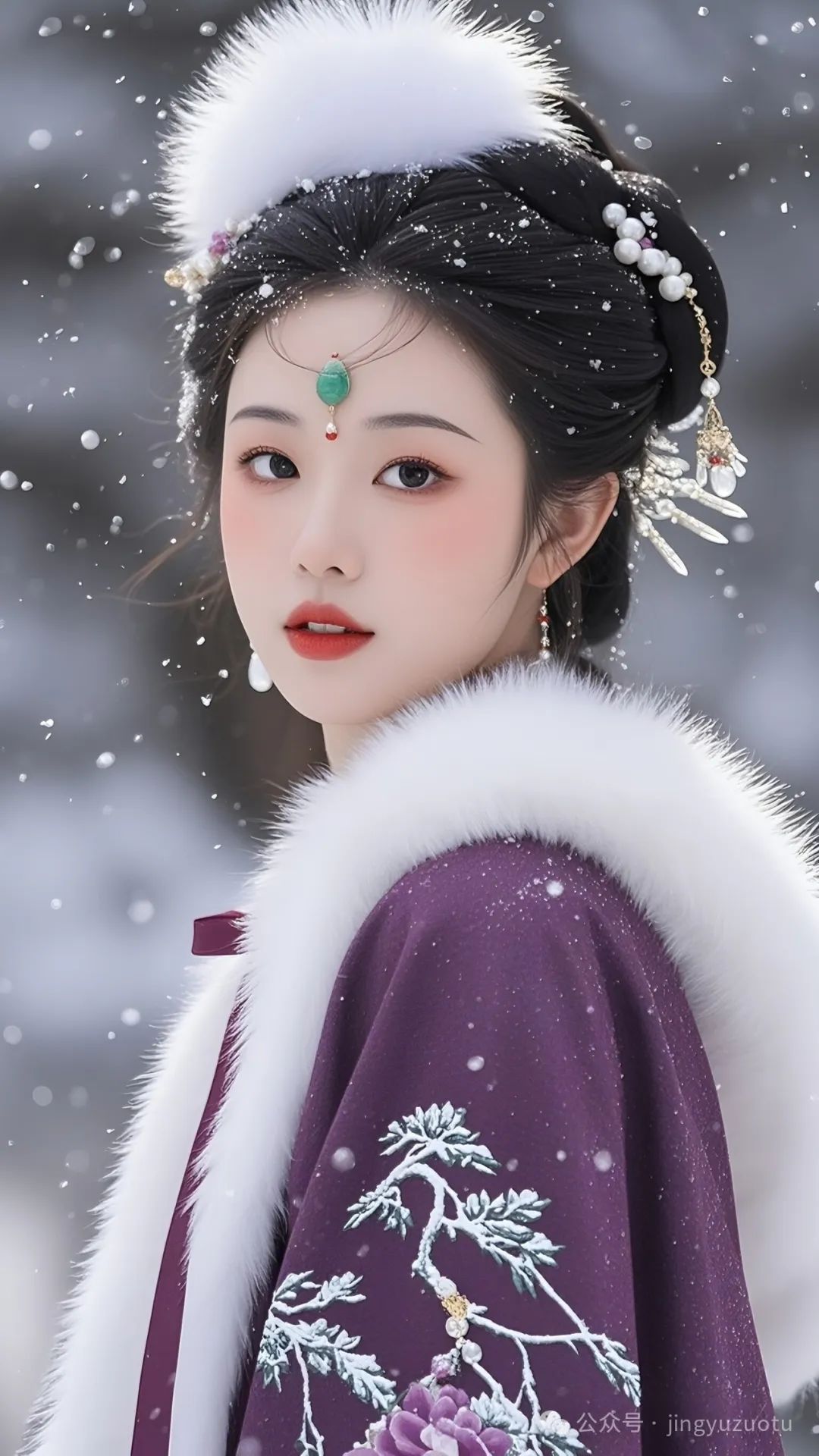 ‌手机高清壁纸丨古典美女，眉若翠羽，眼含薄雾，双颊通红，唇色樱桃 - 炫图天下