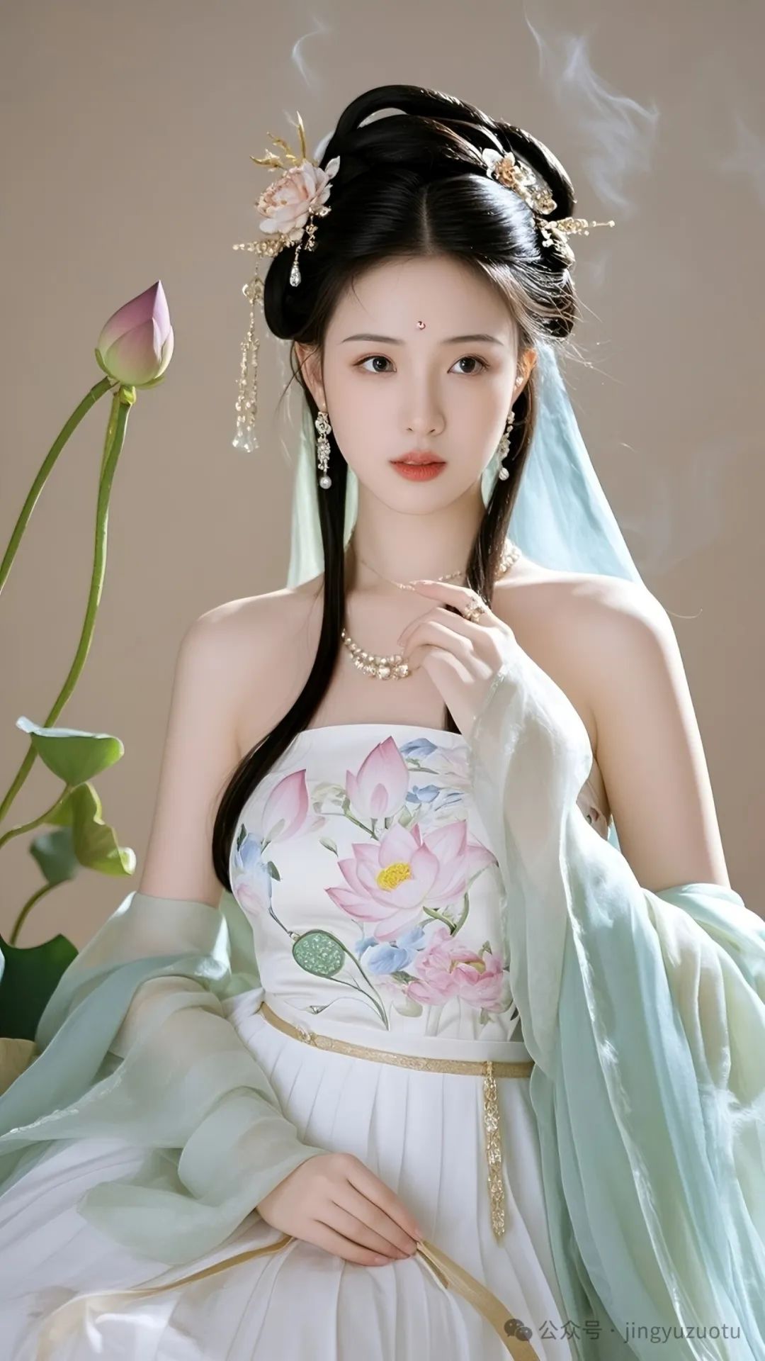 手机高清壁纸丨古风美女，荷花仙子，抹胸上衣香 - 炫图天下