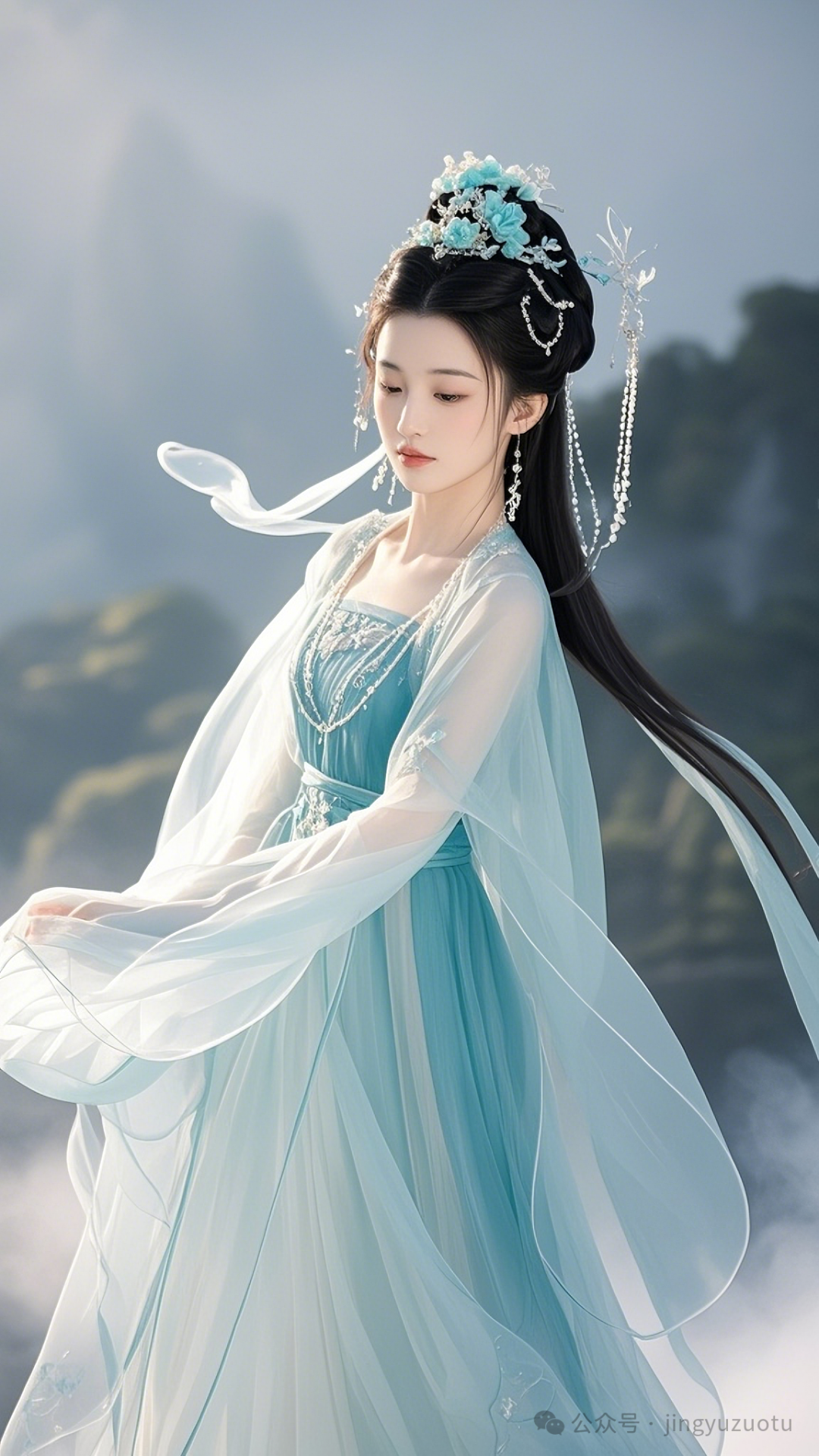 手机高清壁纸丨古风美女，淡雅青长裙，仙气飘飘 - 炫图天下