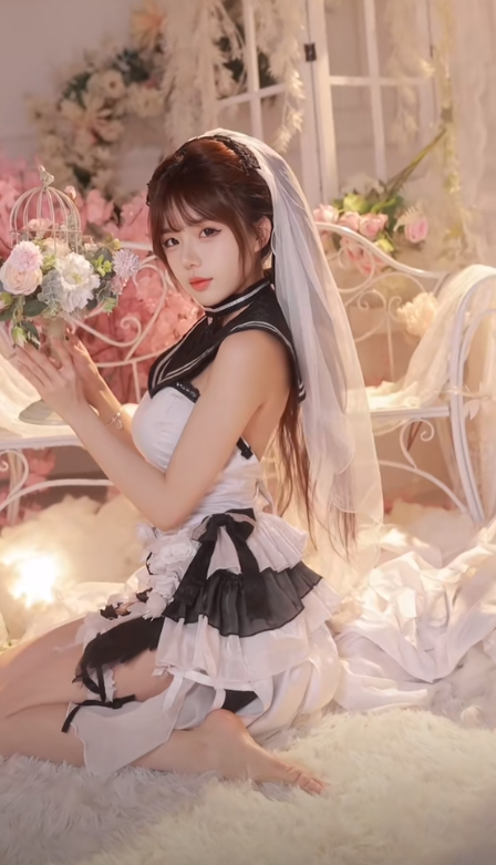 小姐姐cos婚纱服，双马尾和JK婚纱服结合他太完美，雪肌玉骨，绰约多姿 - 炫图天下